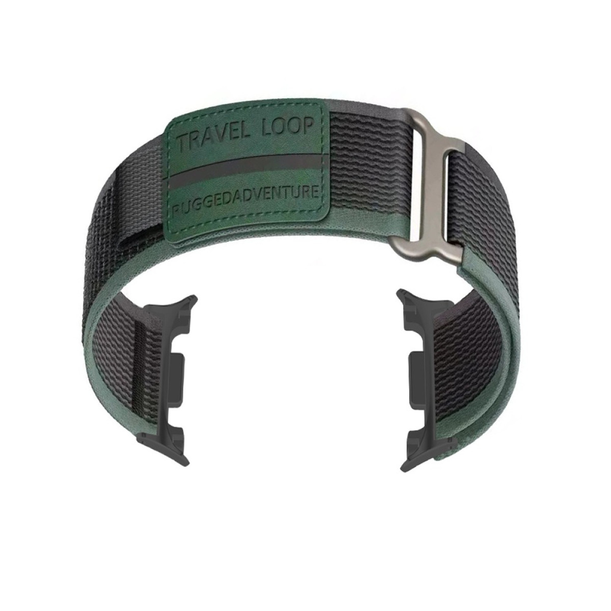 Ein grün-schwarzes Uhrenarmband. Auf dem Band steht 'TRAVEL LOOP' und 'RUGGEDADVENTURE'. Es hat einen Metallverschluss und schwarze Anschlüsse.