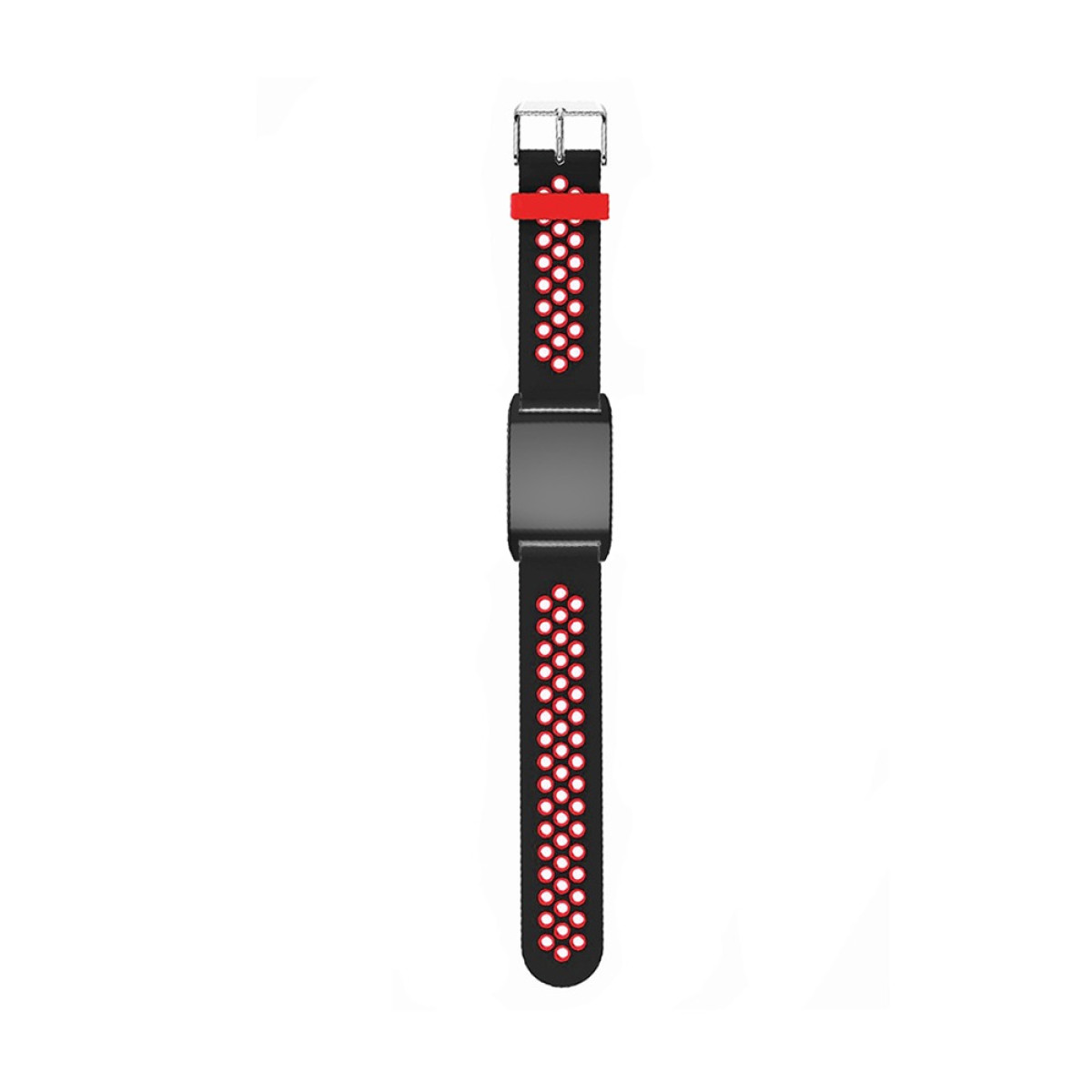 Ein schwarzes und rotes Fitness-Tracker-Armband mit einer silbernen Schnalle. Das Band hat kleine weiße Punkte. Der Hintergrund ist weiß.