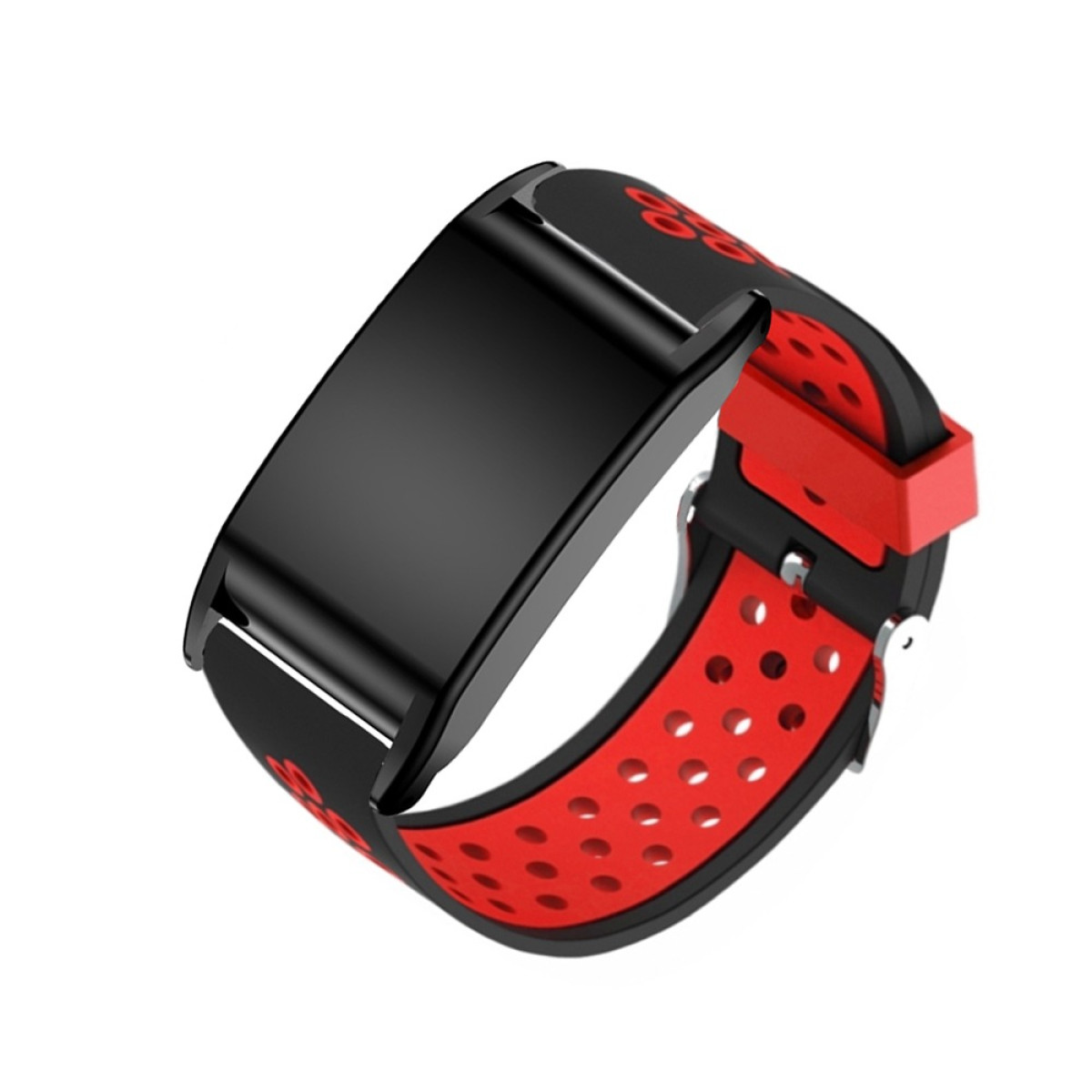 Ein schwarzer Fitness-Tracker mit rotem und schwarzem Armband. Das Armband hat Löcher und ist mit einer silbernen Schließe verbunden.