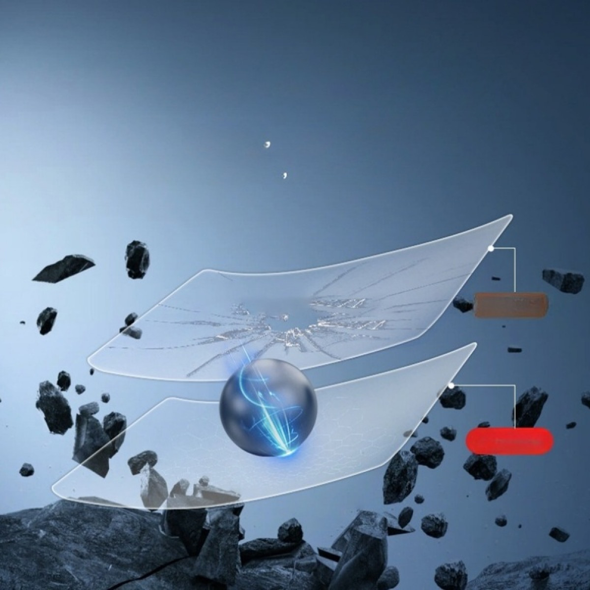 Una sfera blu emette energia tra due pannelli trasparenti. Rocce fluttuano su sfondo blu sfumato. Connettori a destra.