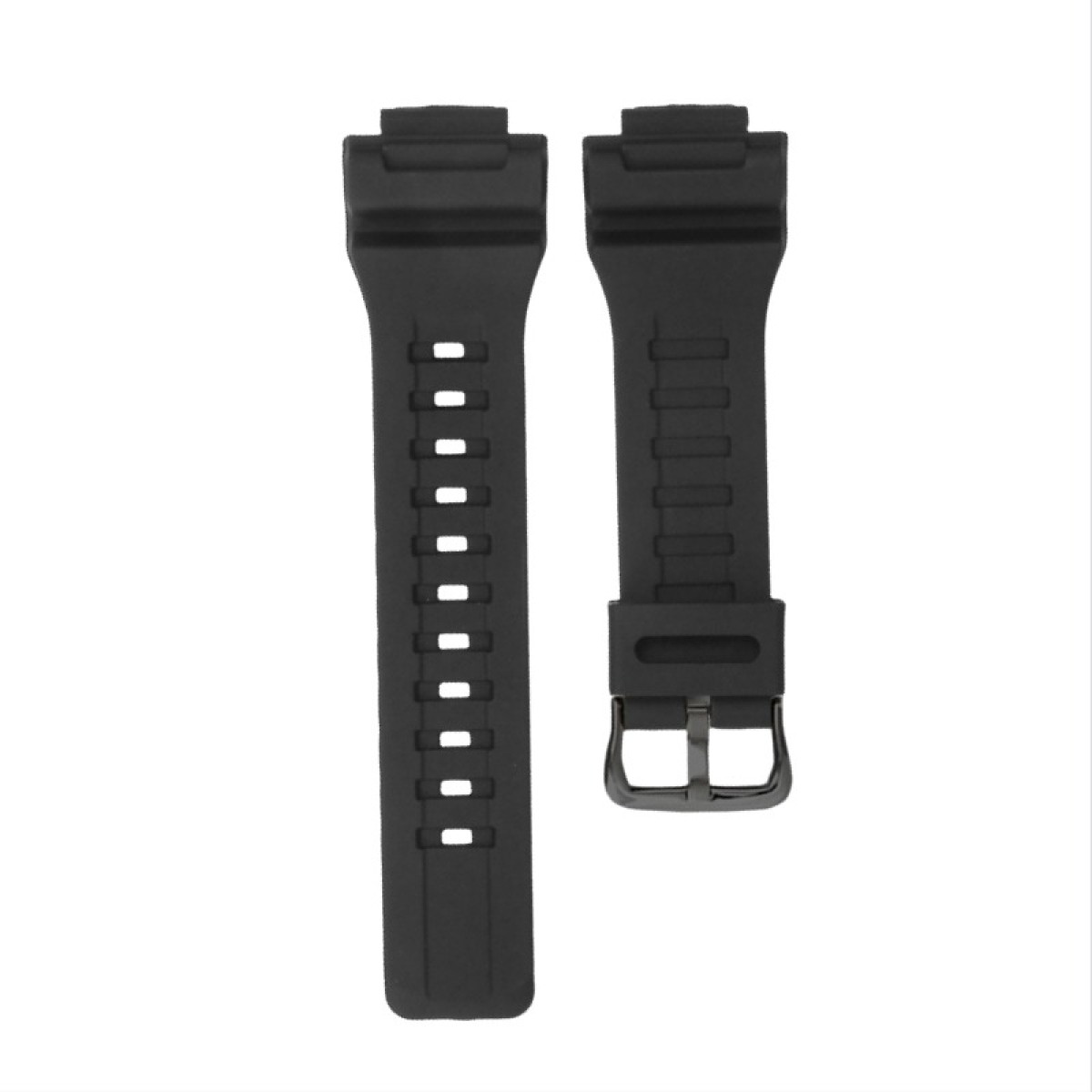 Zwei schwarze Uhrenarmbänder auf weißem Hintergrund. Eines hat Löcher, das andere eine Schnalle.