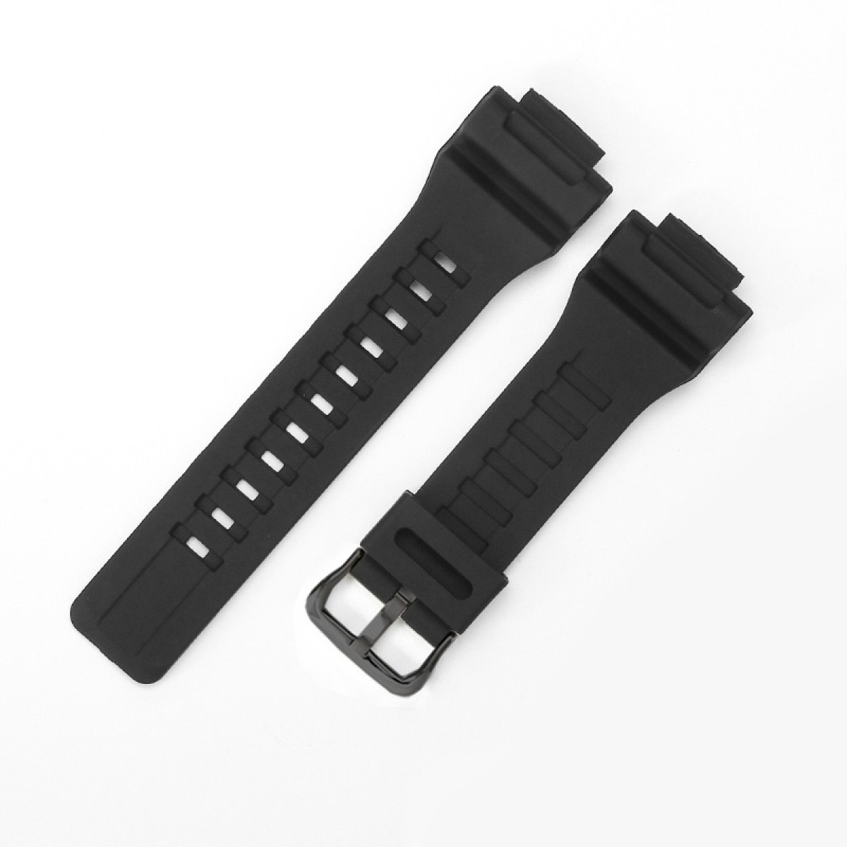 Zwei schwarze Uhrenarmbänder auf weißem Hintergrund. Ein Armband hat eine Schnalle. Beide haben Löcher und Rillen.