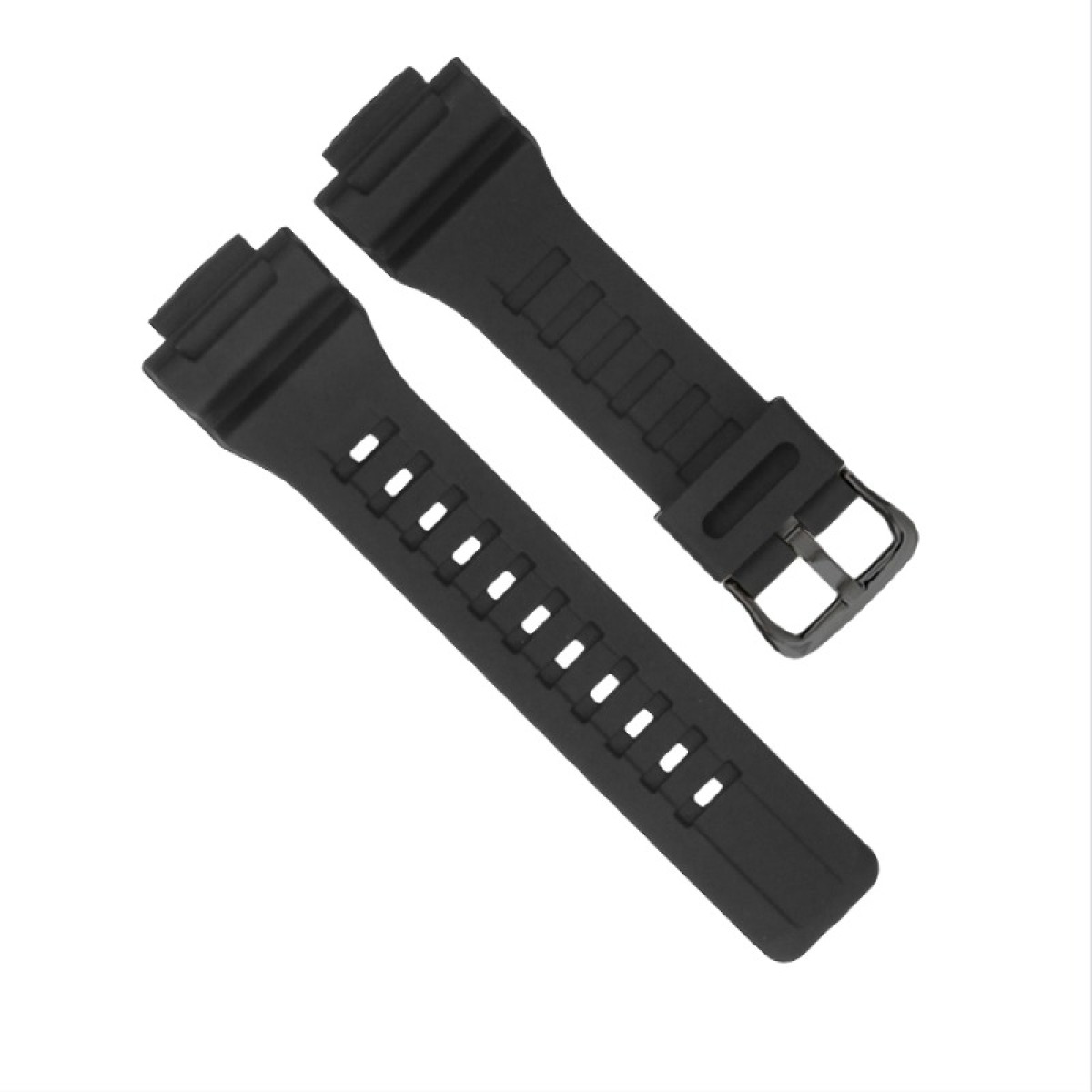 Zwei schwarze Uhrenarmbänder auf weißem Hintergrund. Eines hat eine Schnalle, das andere Löcher zur Anpassung.