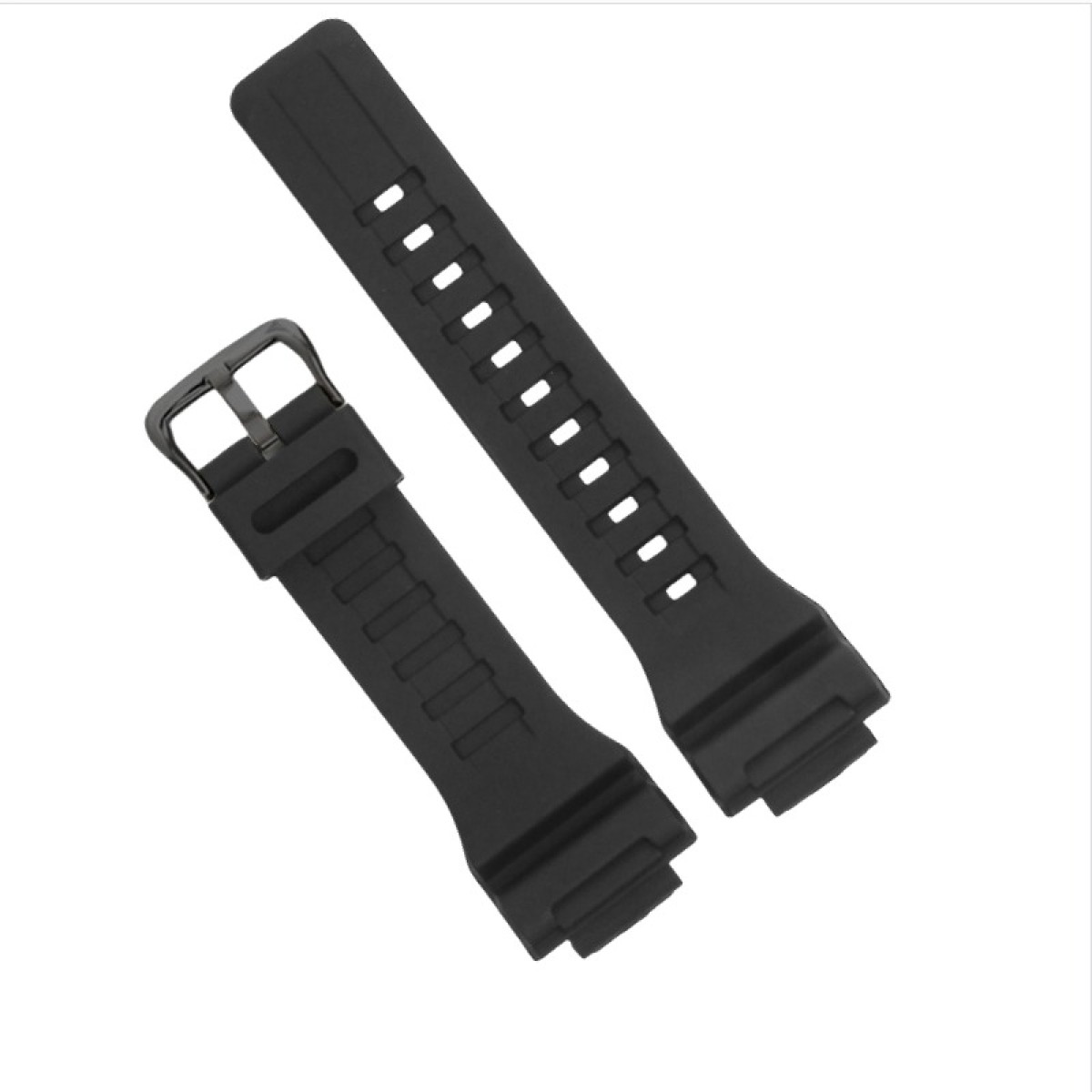 Zwei abgetrennte schwarze Uhrenarmbänder sind auf weißem Hintergrund abgebildet. Eines hat eine Schnalle, das andere Löcher.