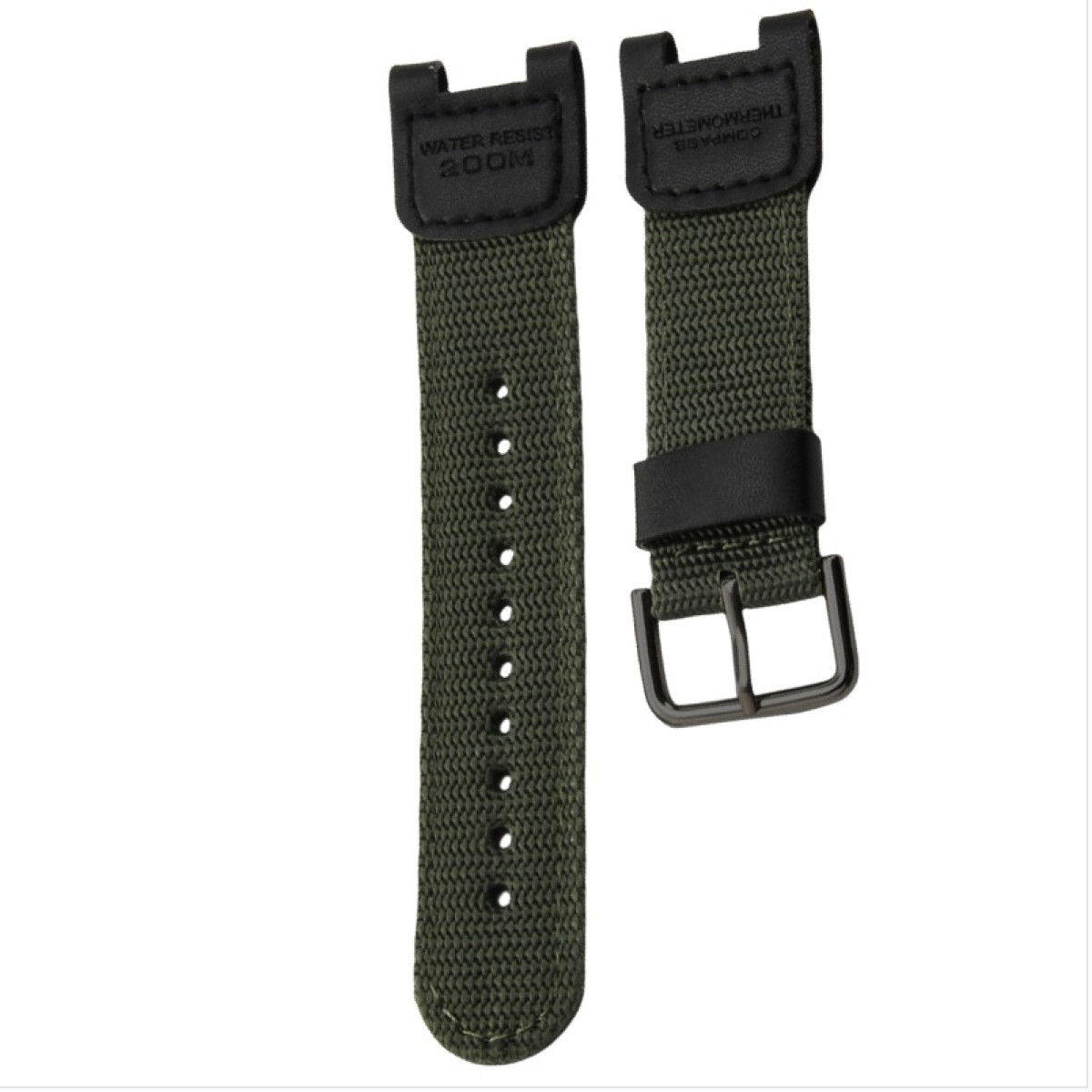 Zwei olivgrüne Uhrenarmbänder auf weißem Hintergrund. Eines hat Löcher, das andere eine Schnalle. Beide haben schwarze Lederakzente.
