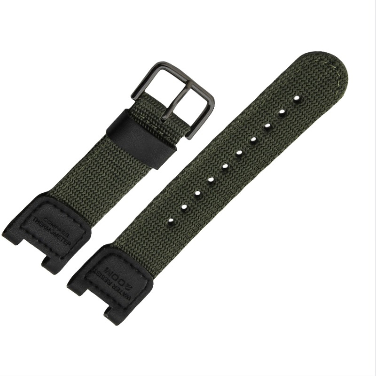 Zwei olivgrüne Uhrenarmbänder mit schwarzen Details und Schnalle vor weißem Hintergrund. Ein Band hat Löcher, das andere eine Schnalle.