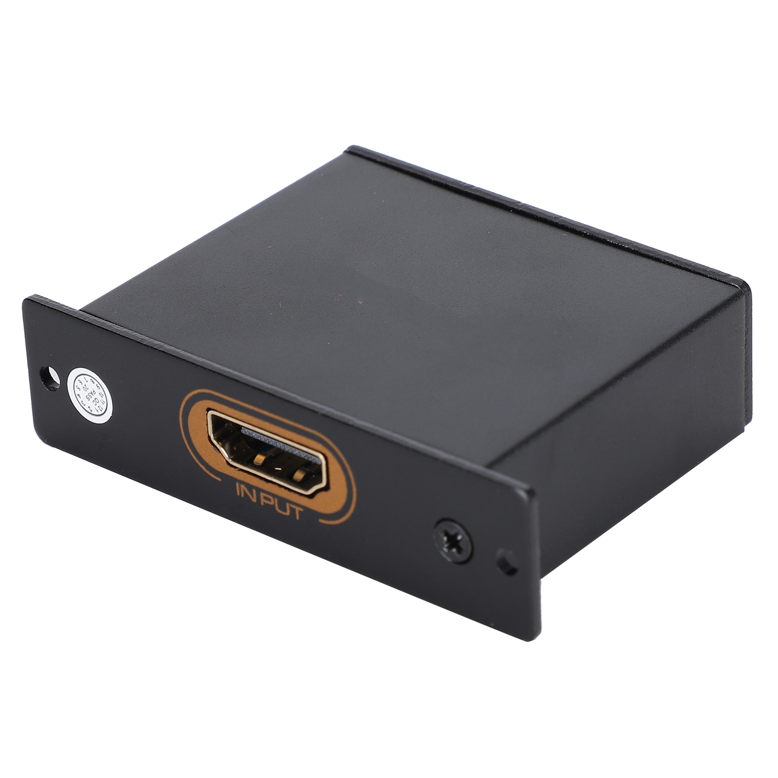 Ein schwarzes HDMI-Eingangsgerät mit einem goldfarbenen HDMI-Anschluss mit der Aufschrift 'INPUT'. Auf der Seite befindet sich ein kleiner Aufkleber.