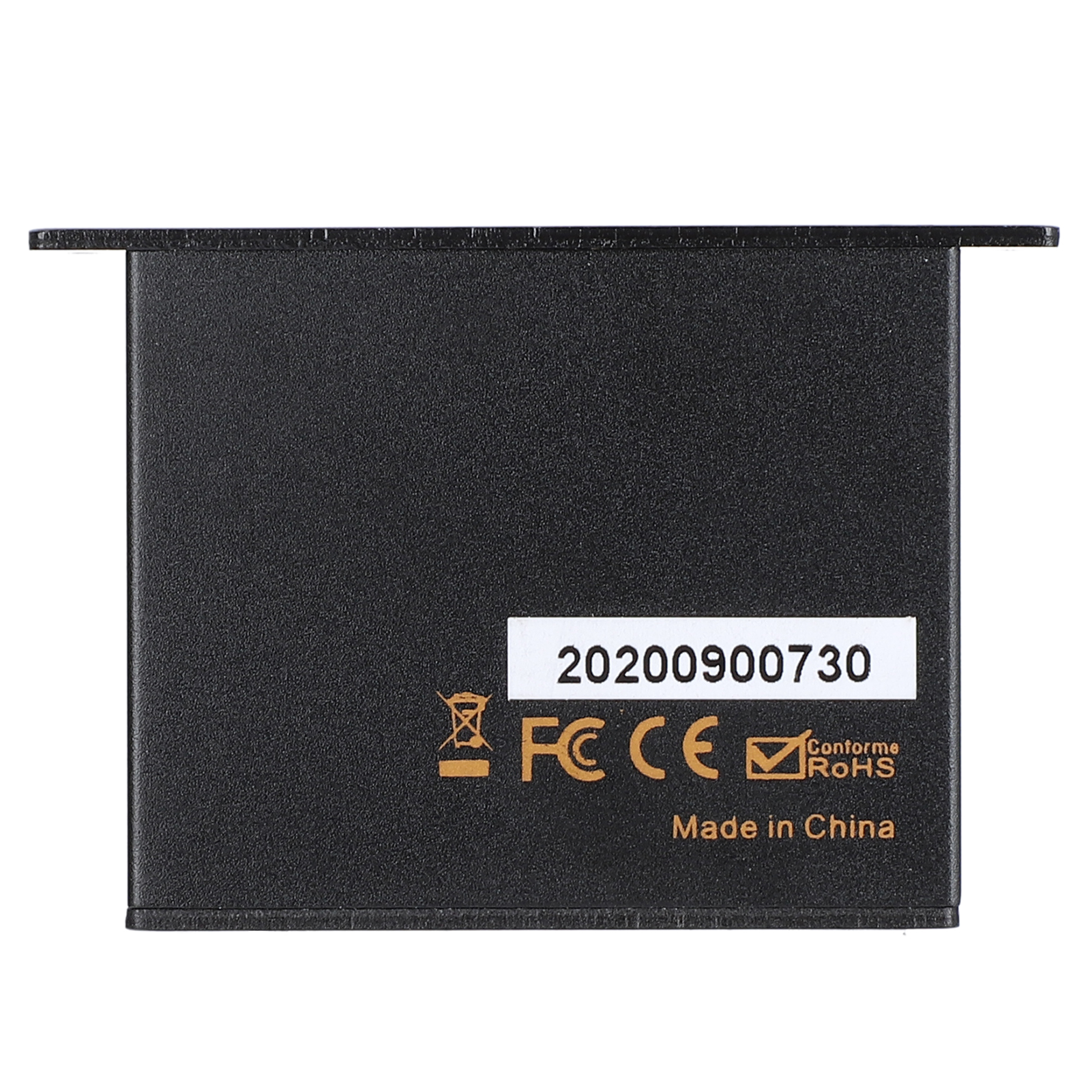 Eine schwarze elektronische Komponente mit weißem Etikett und Text. Enthält Symbole und die Worte 'Made in China'.