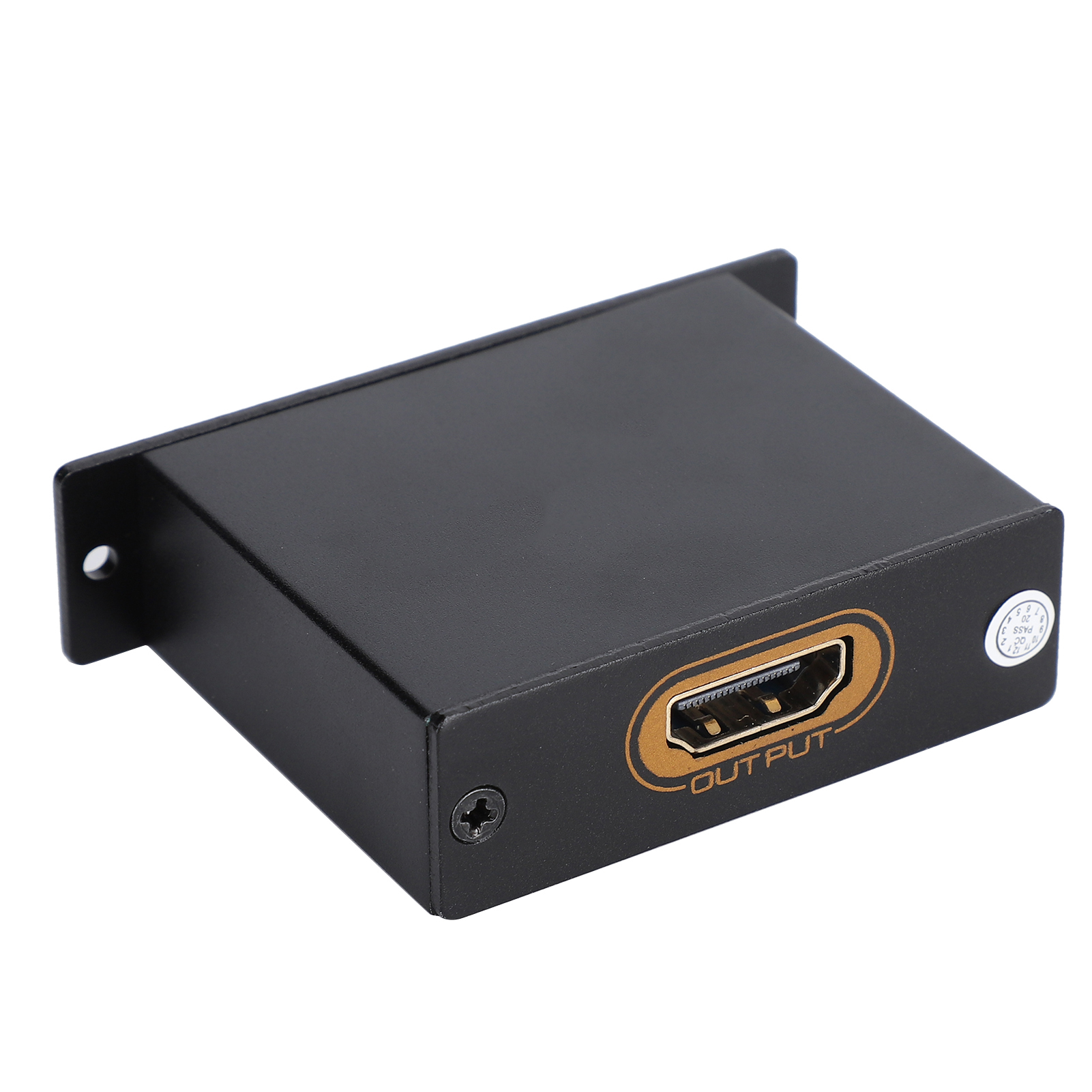 Schwarzes HDMI-Ausgabegerät. Es hat einen HDMI-Anschluss mit der Aufschrift 'OUTPUT'. Auf der oberen rechten Ecke befindet sich ein kleiner Aufkleber.