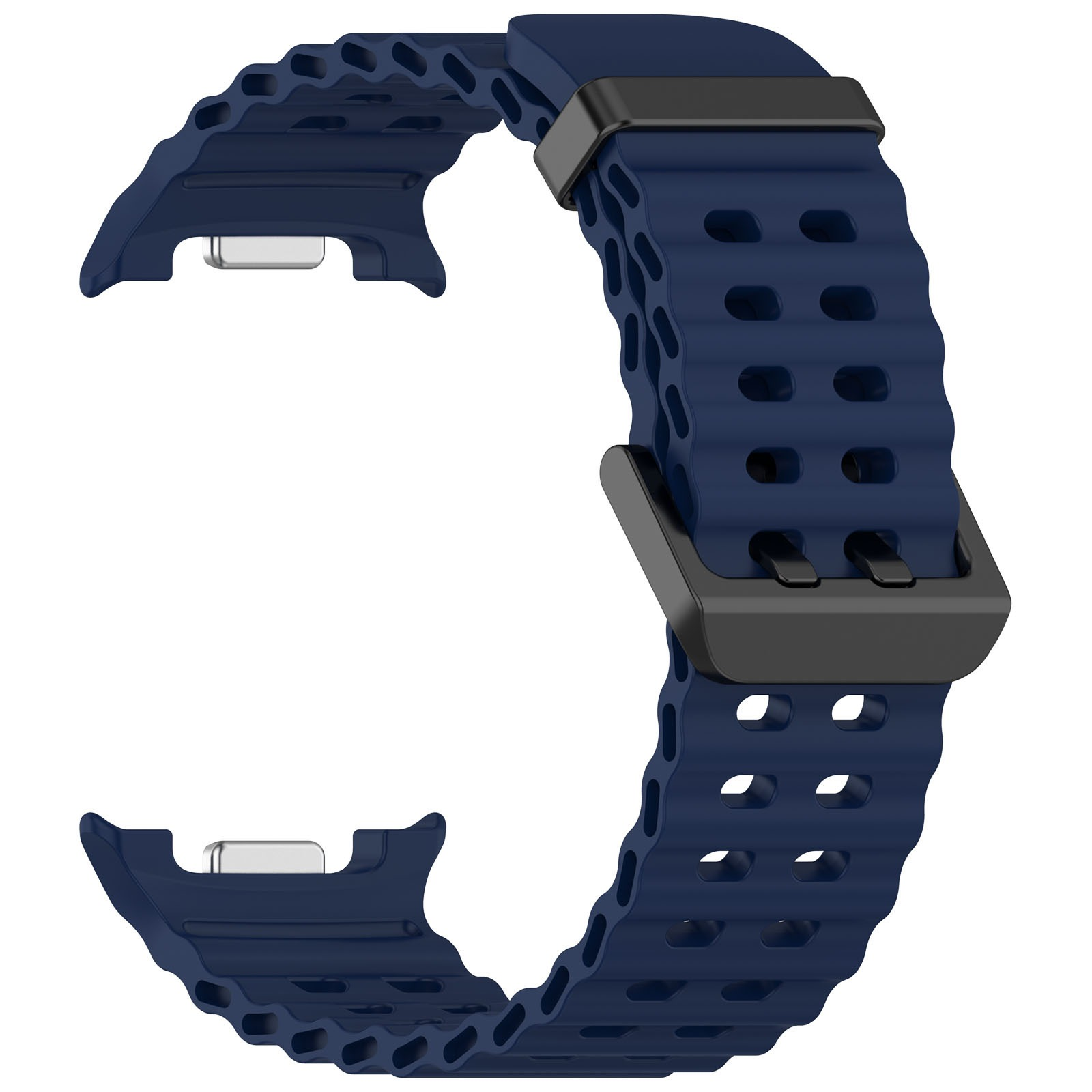 Un cinturino blu per smartwatch con fibbia nera. Il cinturino ha fori multipli e una superficie strutturata, su sfondo bianco.