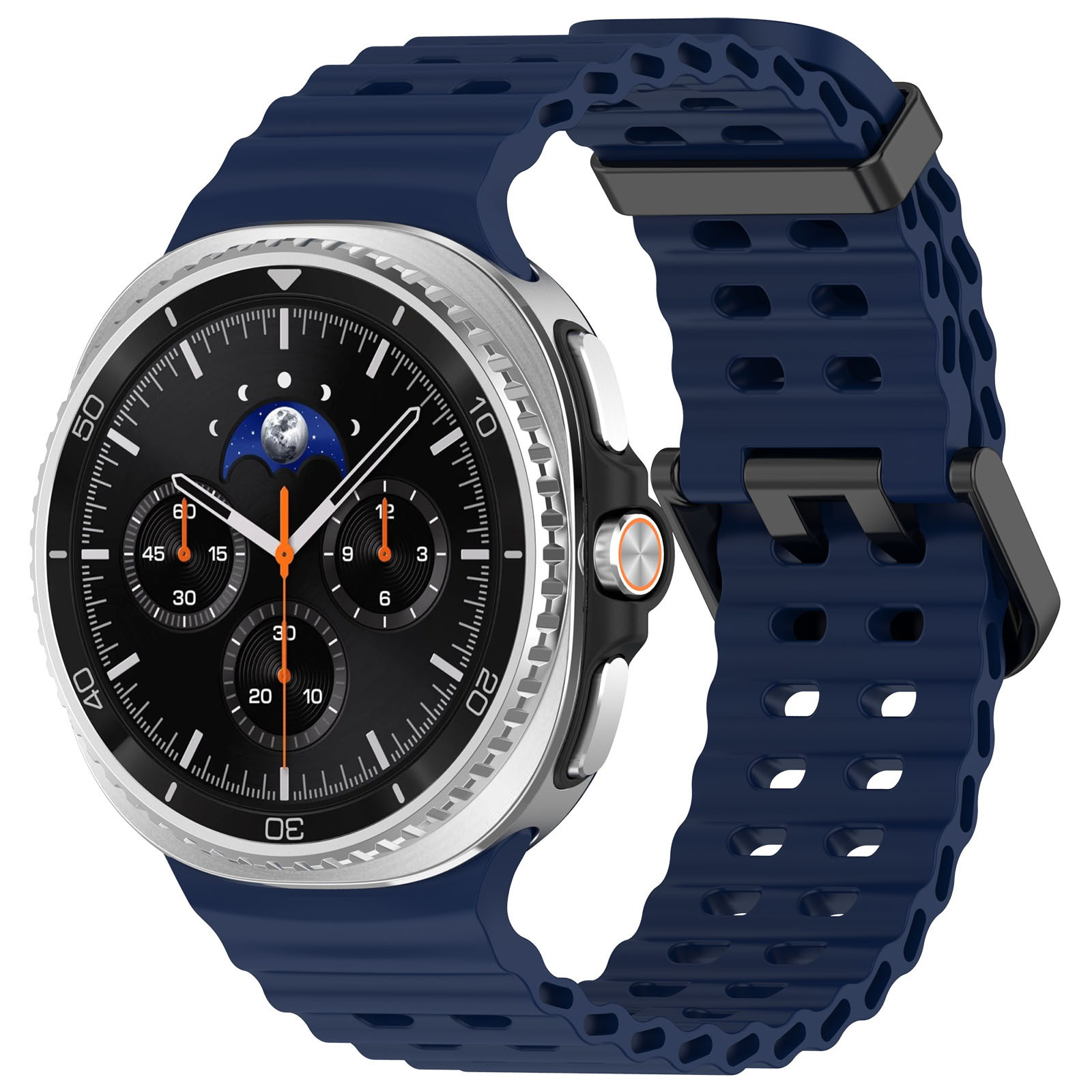 Uno smartwatch nero con cinturino blu navy. Il quadrante ha un display delle fasi lunari e cronografi, con dettagli argento e arancioni.