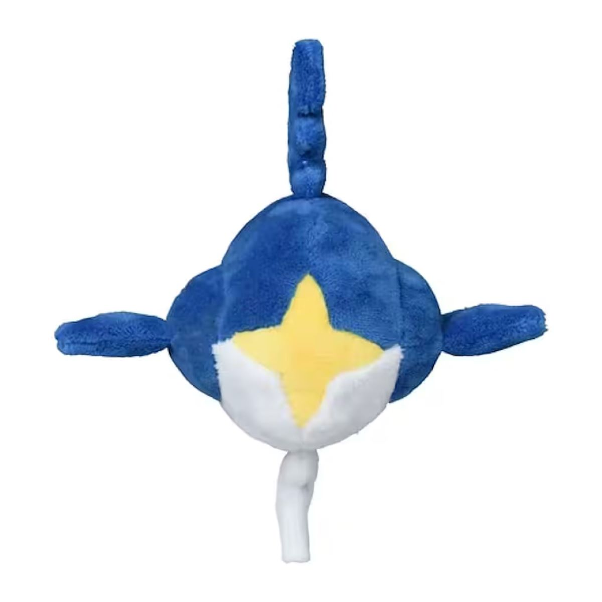 Ein Plüschtier in Form eines blau-weißen Wesens mit einem gelben Stern auf der Brust. Es hat kleine Arme und einen Schwanz, vor weißem Hintergrund.