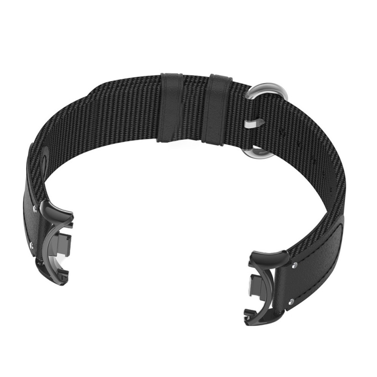 Schwarzes Uhrenarmband mit Stoff und Leder. Mit silberner Schnalle und Befestigungspunkten. Der Hintergrund ist weiß.