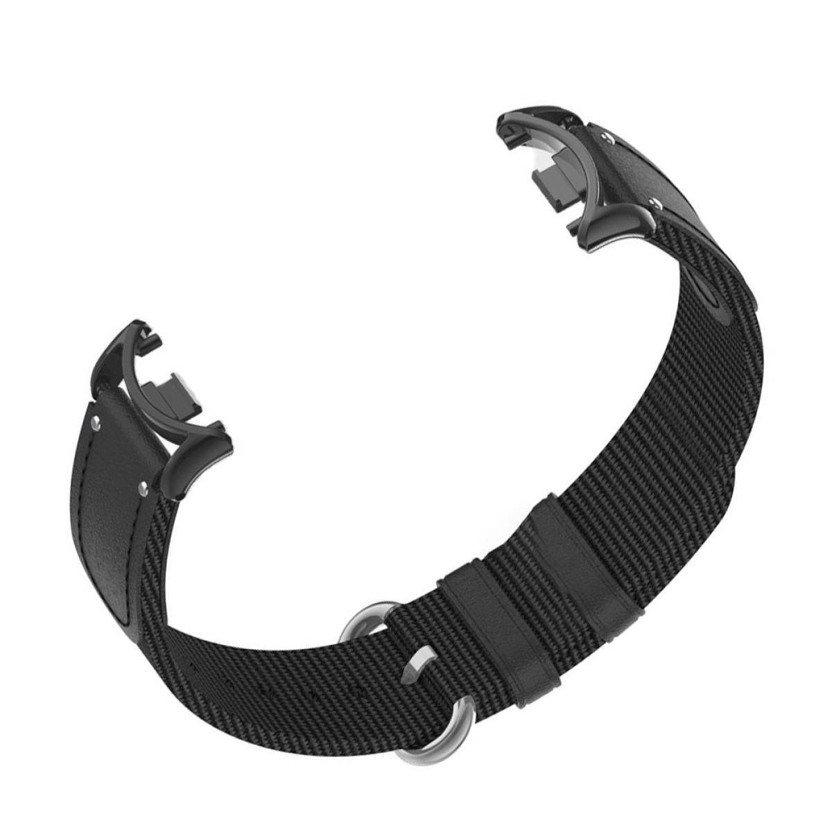 Schwarzes Uhrenarmband auf weißem Hintergrund. Merkmale: strukturiertes Nylonband, Lederakzente, Metallschlaufen und -verschlüsse.