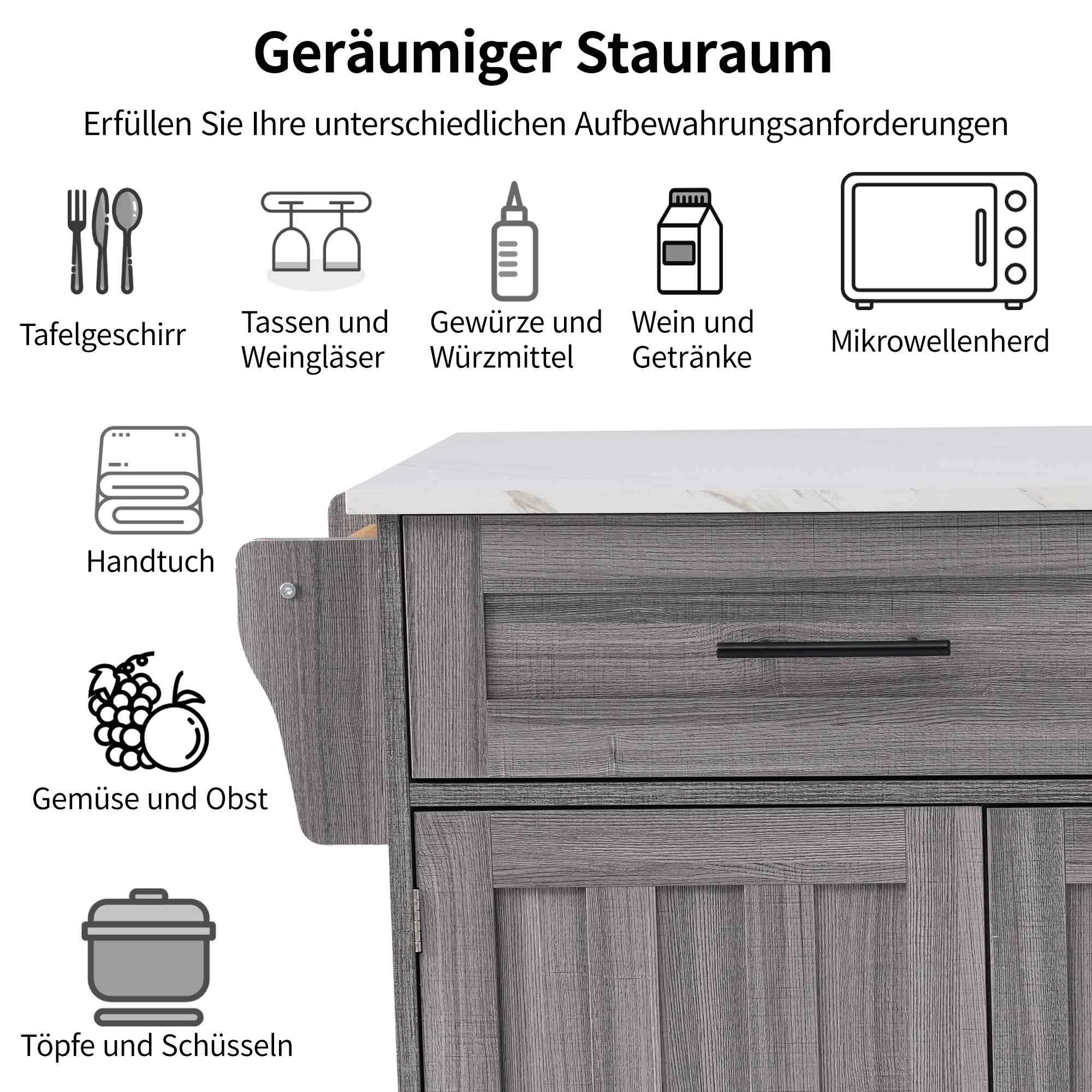 Ein grauer Küchenschrank mit weißer Arbeitsplatte. Er hat Schubladen, Türen und Icons für die Aufbewahrung. Der Text ist auf Deutsch.