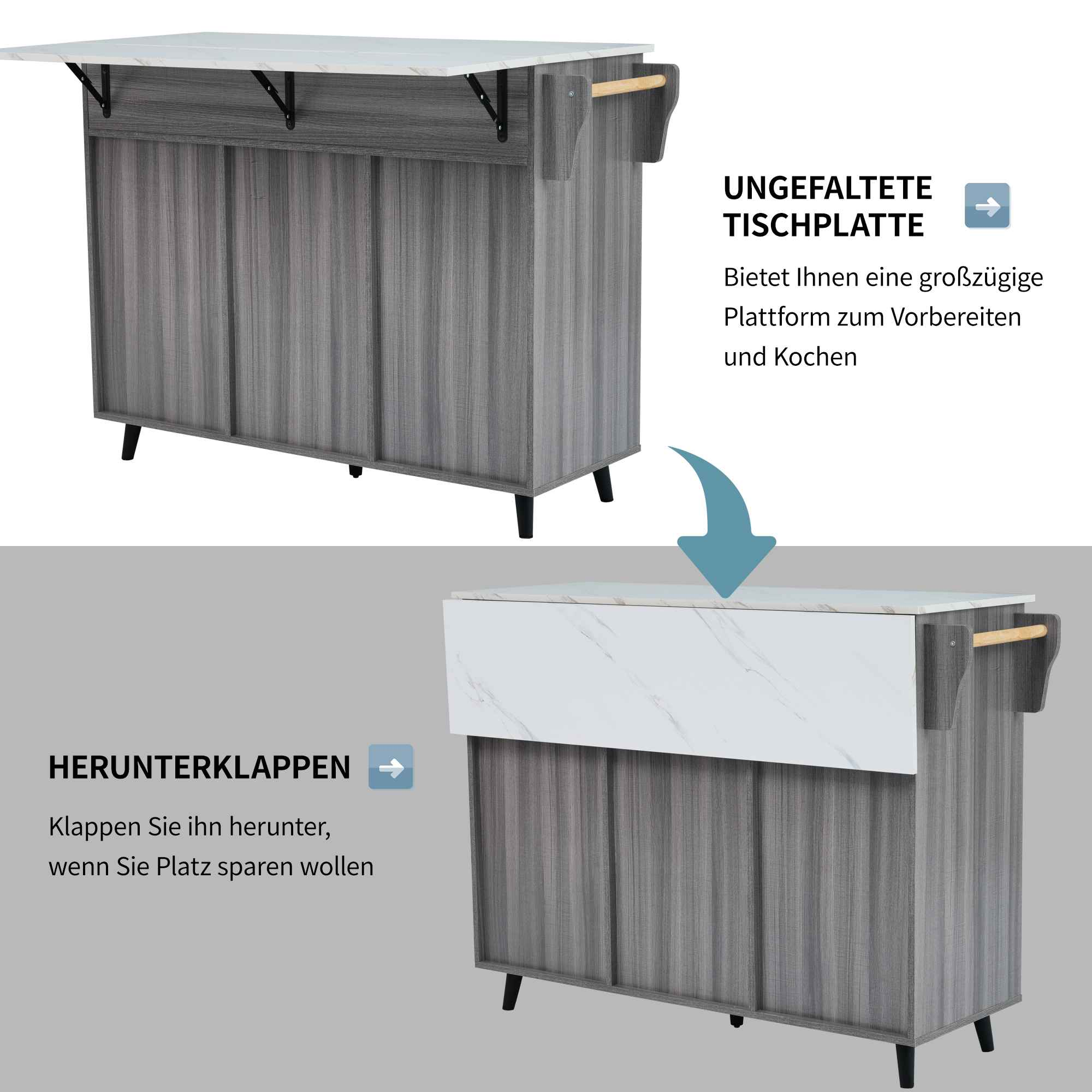 Graue Kücheninsel mit weißer Arbeitsplatte. Die Arbeitsplatte lässt sich zusammenklappen. Sie hat Holzgriffe.