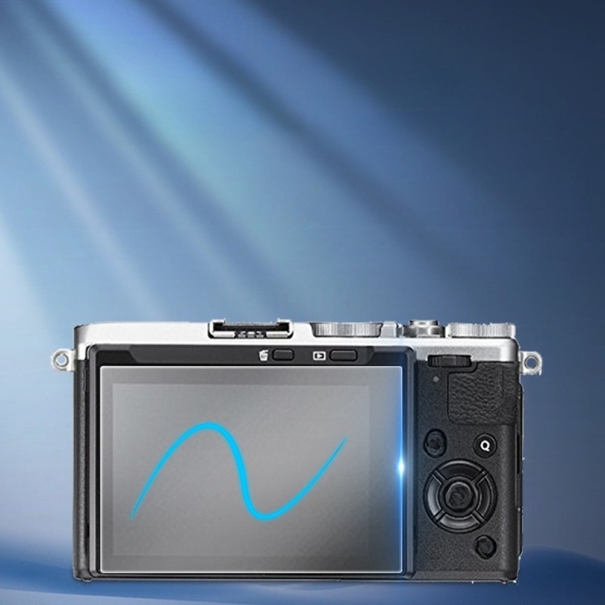 La parte posteriore di una fotocamera con schermo e pulsanti è mostrata su uno sfondo blu. Una linea blu è sullo schermo.