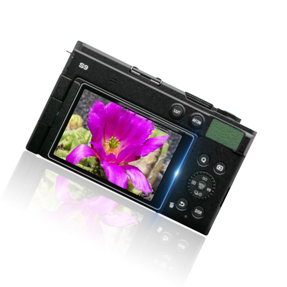 Fotocamera nera mostra un vibrante fiore rosa con foglie verdi. La fotocamera è angolata, mostrando pulsanti e un'impugnatura verde.