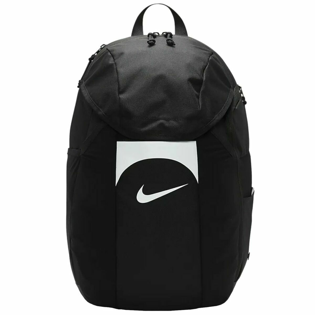 Schwarzer Nike-Rucksack mit weißem Logo auf der Vorderseite. Mit oberem Griff, Seitentaschen und geschwungenem Design.