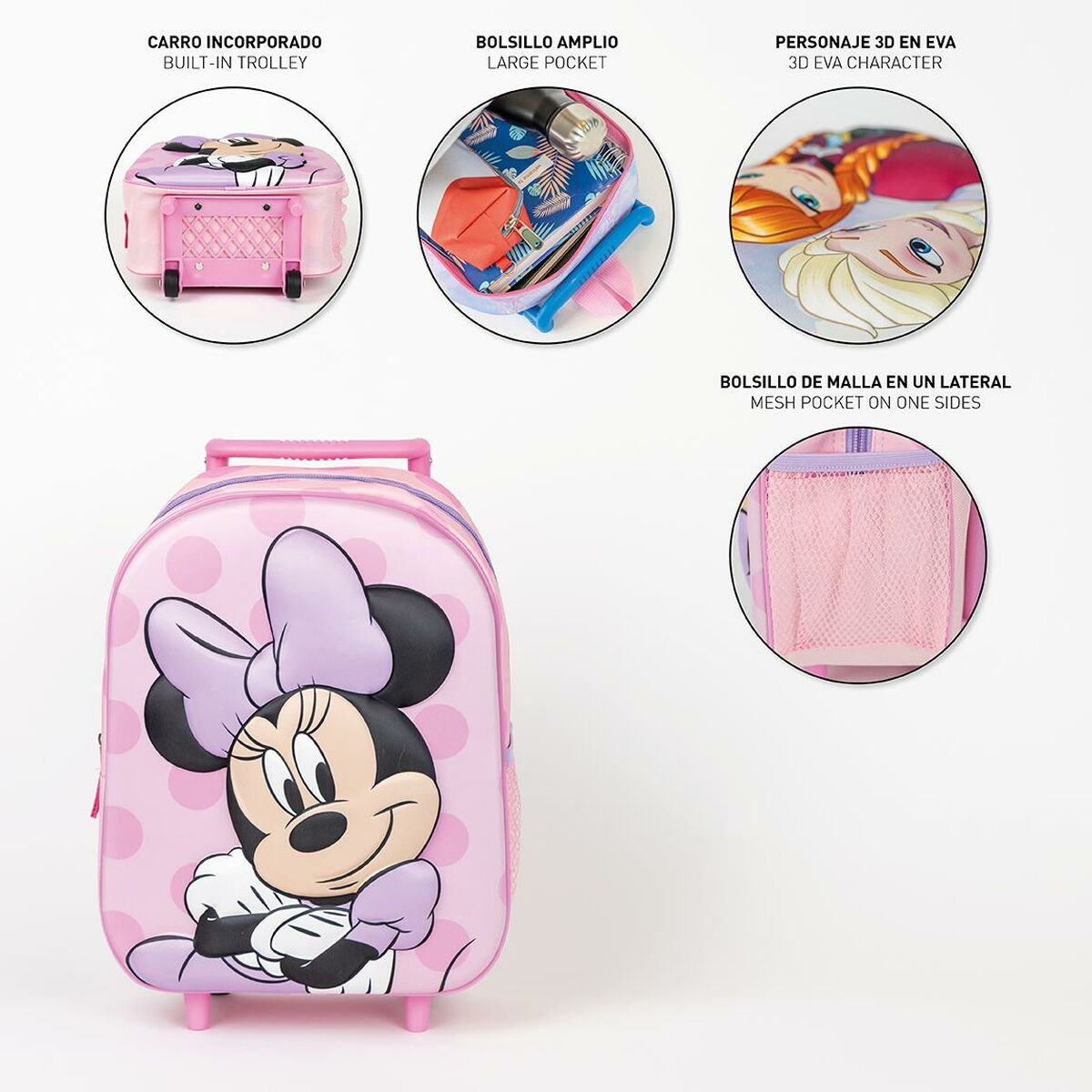 Ein rosa Minnie-Mouse-Rollrucksack. Merkmale umfassen eine große Tasche, eine Netztasche an der Seite und eine 3D-Figur von Anna und Elsa.