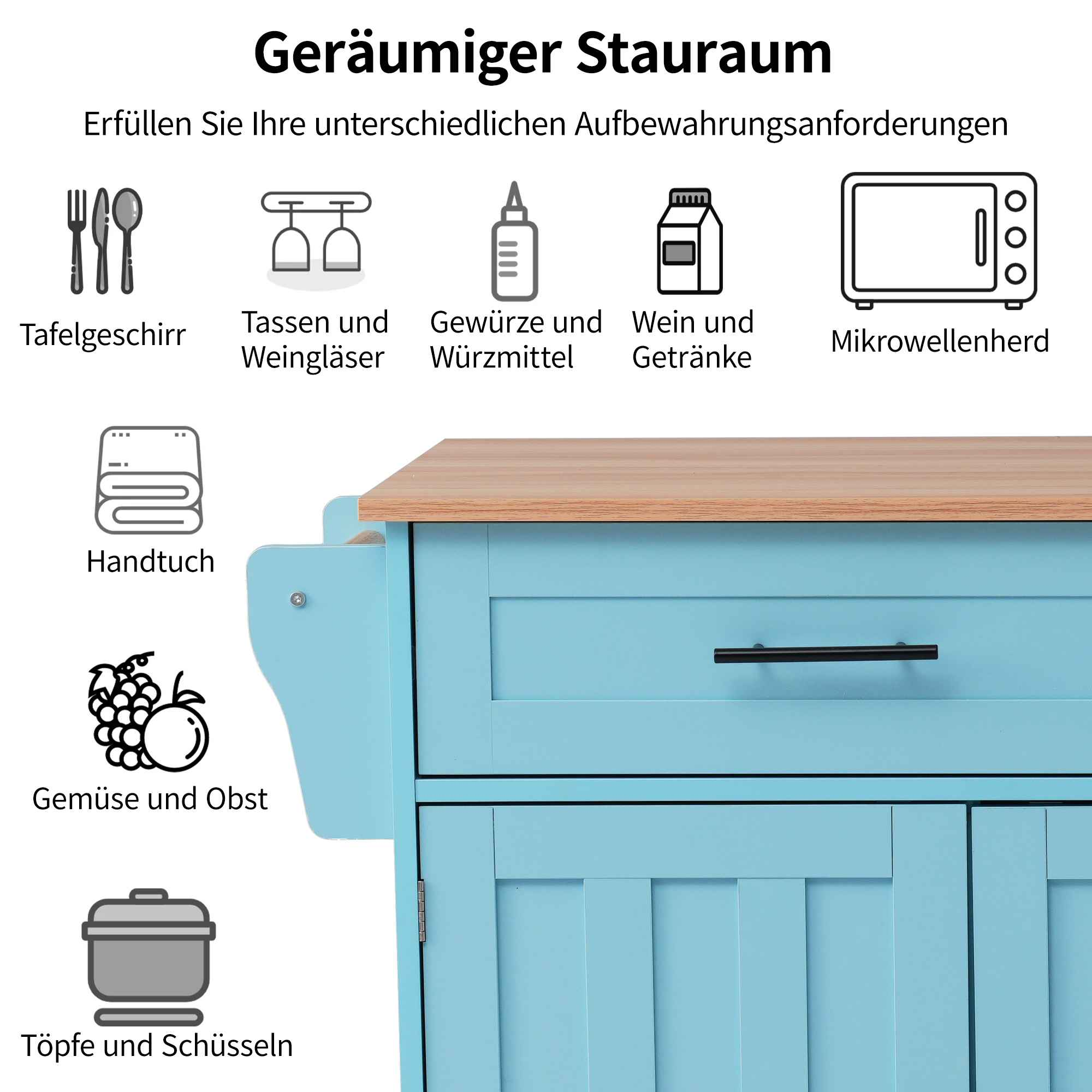 Ein blauer Küchenschrank mit Holzplatte. Icons von Küchenutensilien wie Geschirr, Gläsern, Gewürzen und einer Mikrowelle.