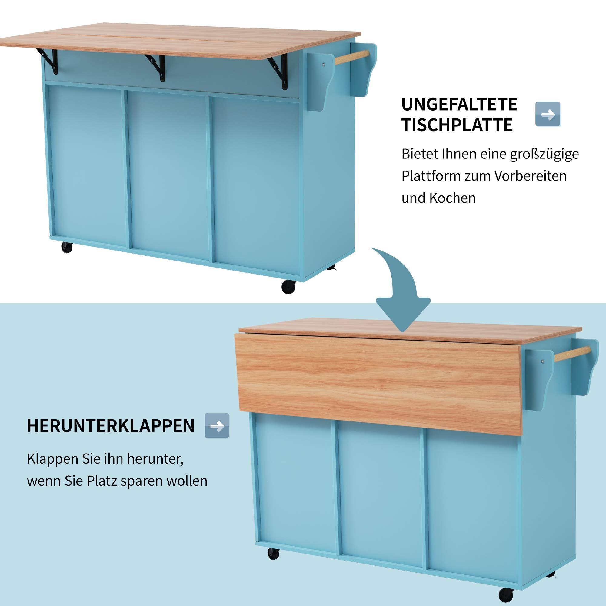 Eine blaue Kücheninsel mit Holzplatte. Die Platte lässt sich zusammenklappen. Text zeigt eine große Oberfläche zum Kochen.