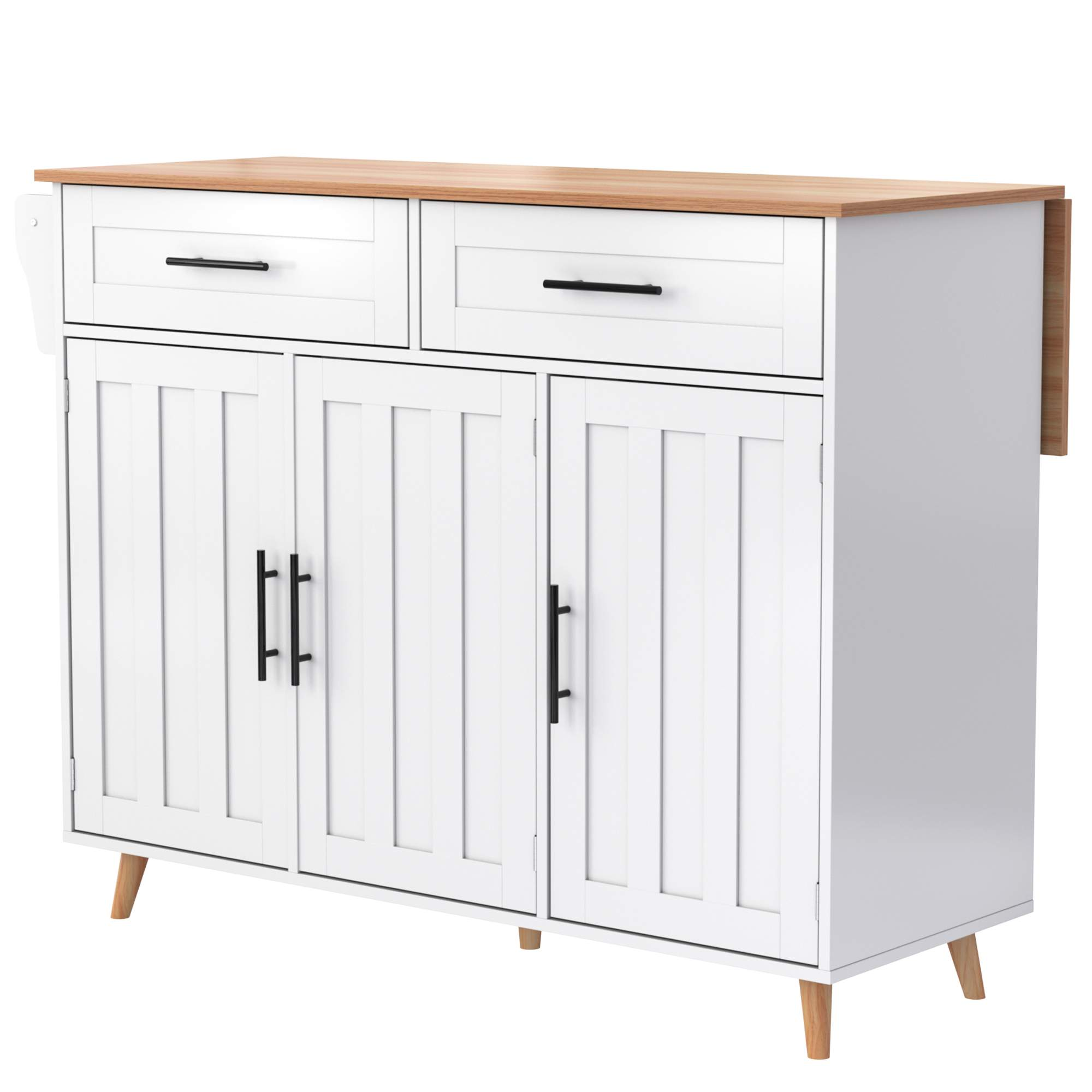 Weißer Schrank mit Holzplatte. Er hat Schubladen und Türen mit schwarzen Griffen. Die Beine sind aus Holz.