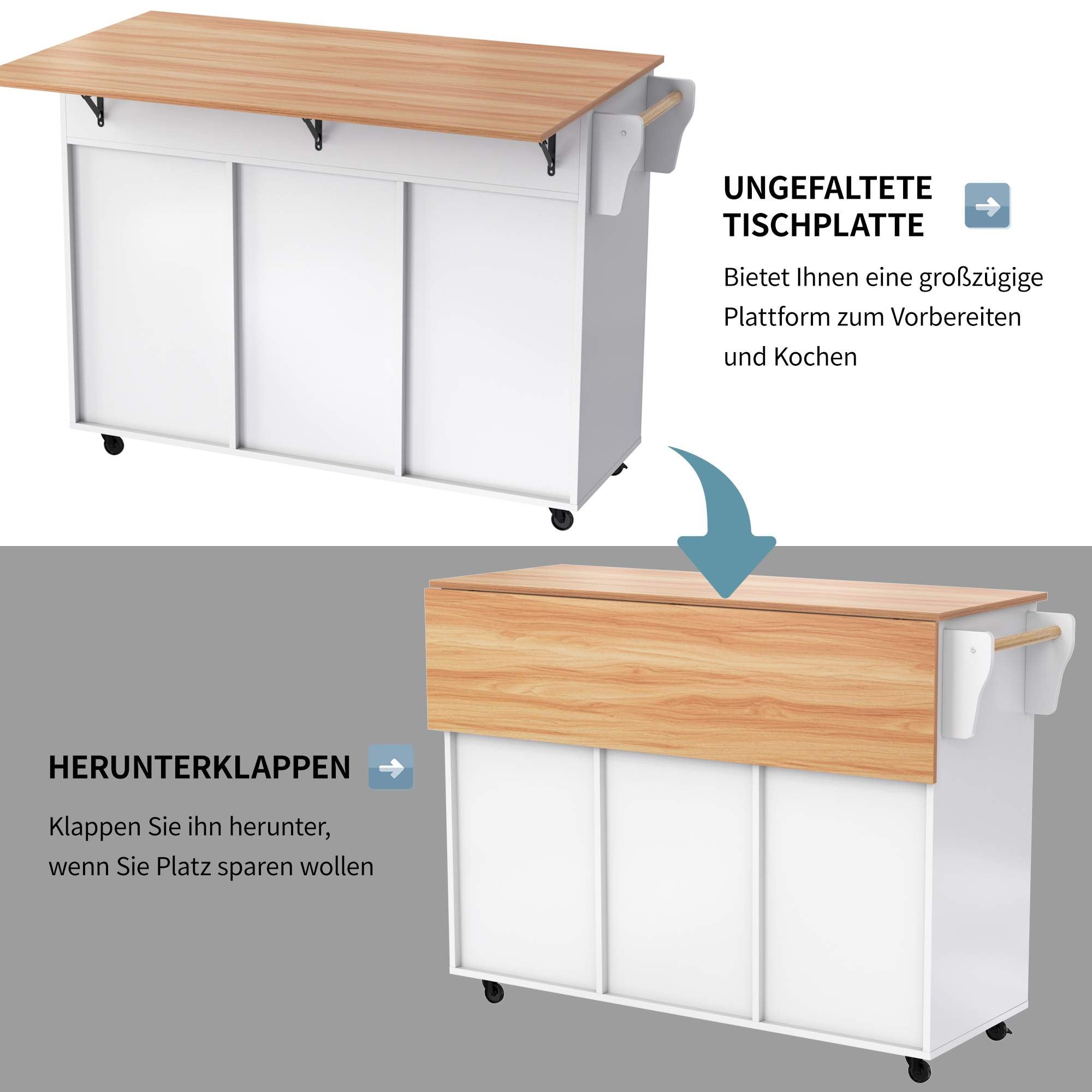 Eine weiße Kücheninsel mit einer hölzernen Arbeitsplatte. Sie hat eine Klappplatte und einen Griff an der Seite.