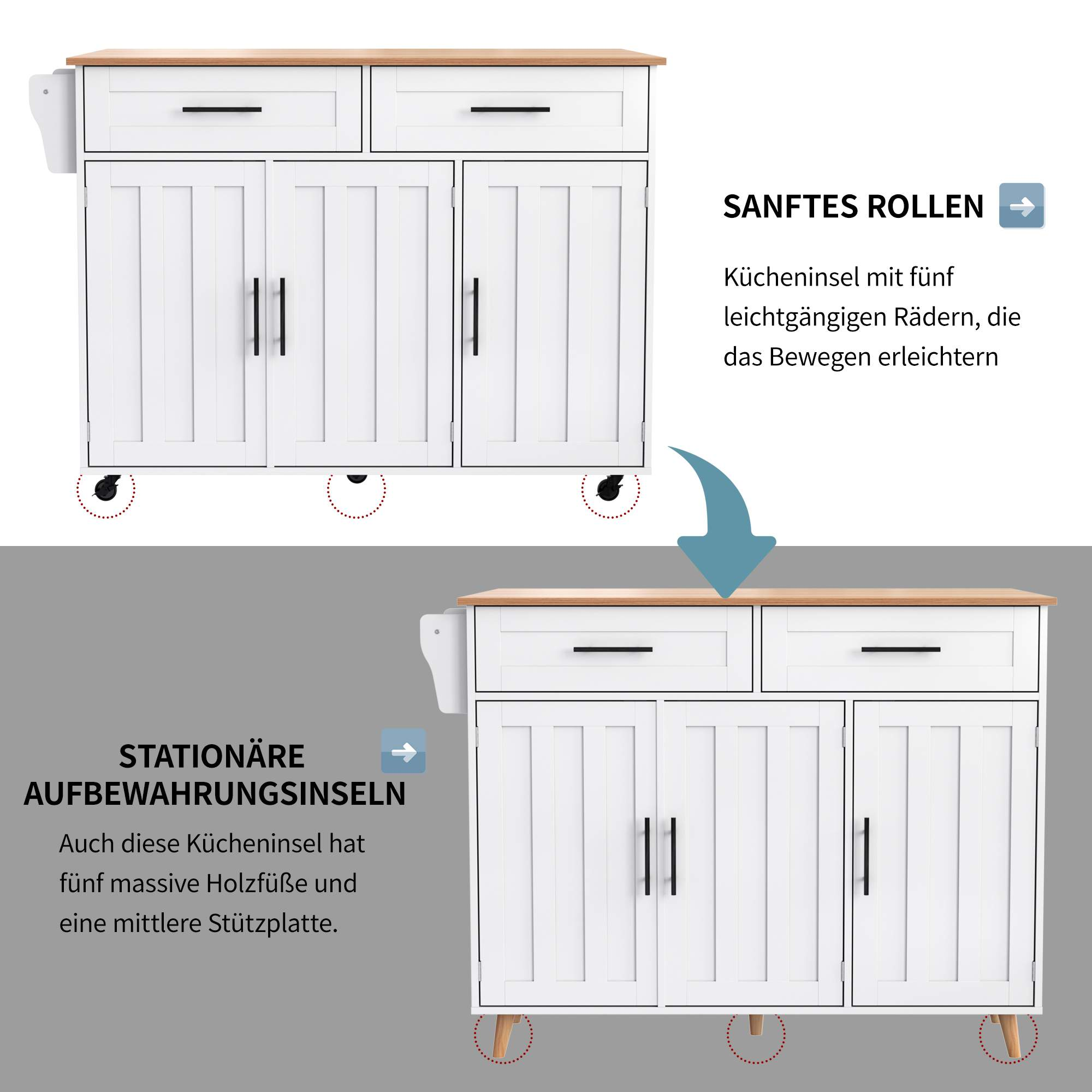 Eine weiße Kücheninsel mit Holzplatte. Sie hat Schubladen, Türen und Räder oder Füße für Mobilität und Stabilität.