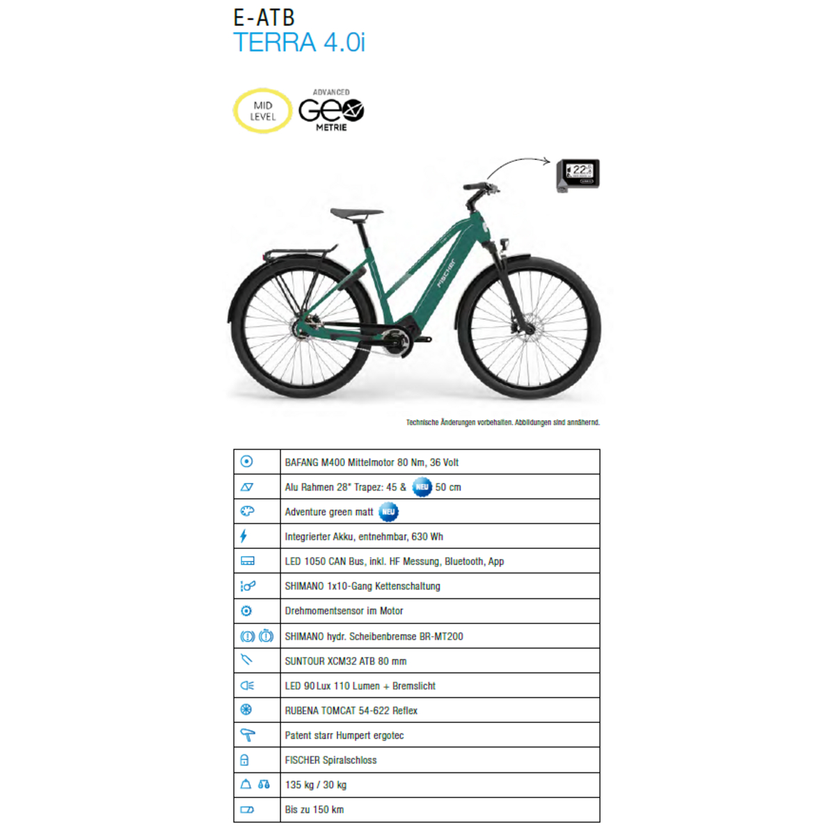 Grünes Elektrofahrrad mit schwarzen Reifen, weißem Text und Display. Details umfassen Modellname, technische Daten und Marke.