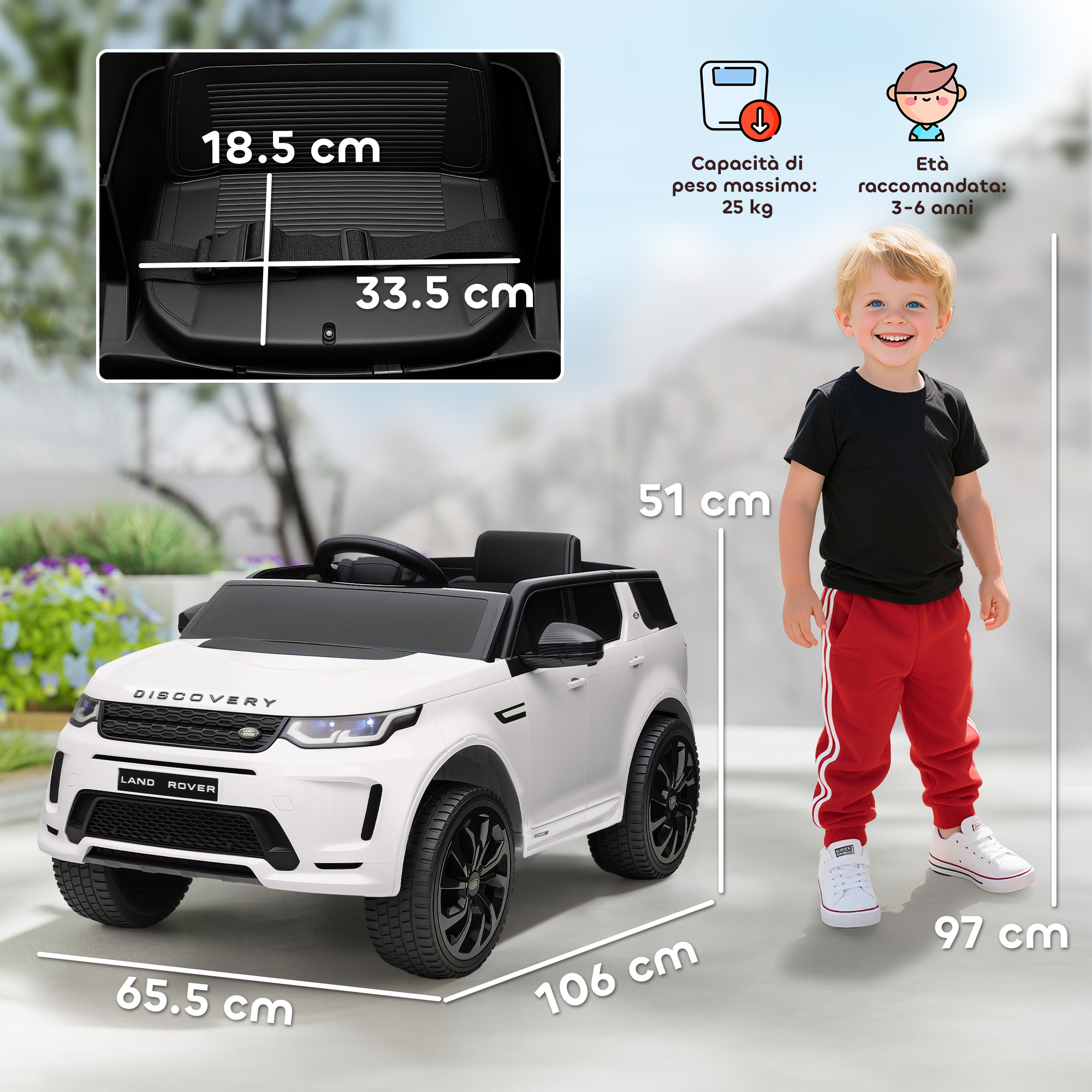 Un'auto giocattolo Land Rover bianca con un bambino accanto. Vengono mostrate le dimensioni. Il bambino indossa una maglietta nera e pantaloni rossi.
