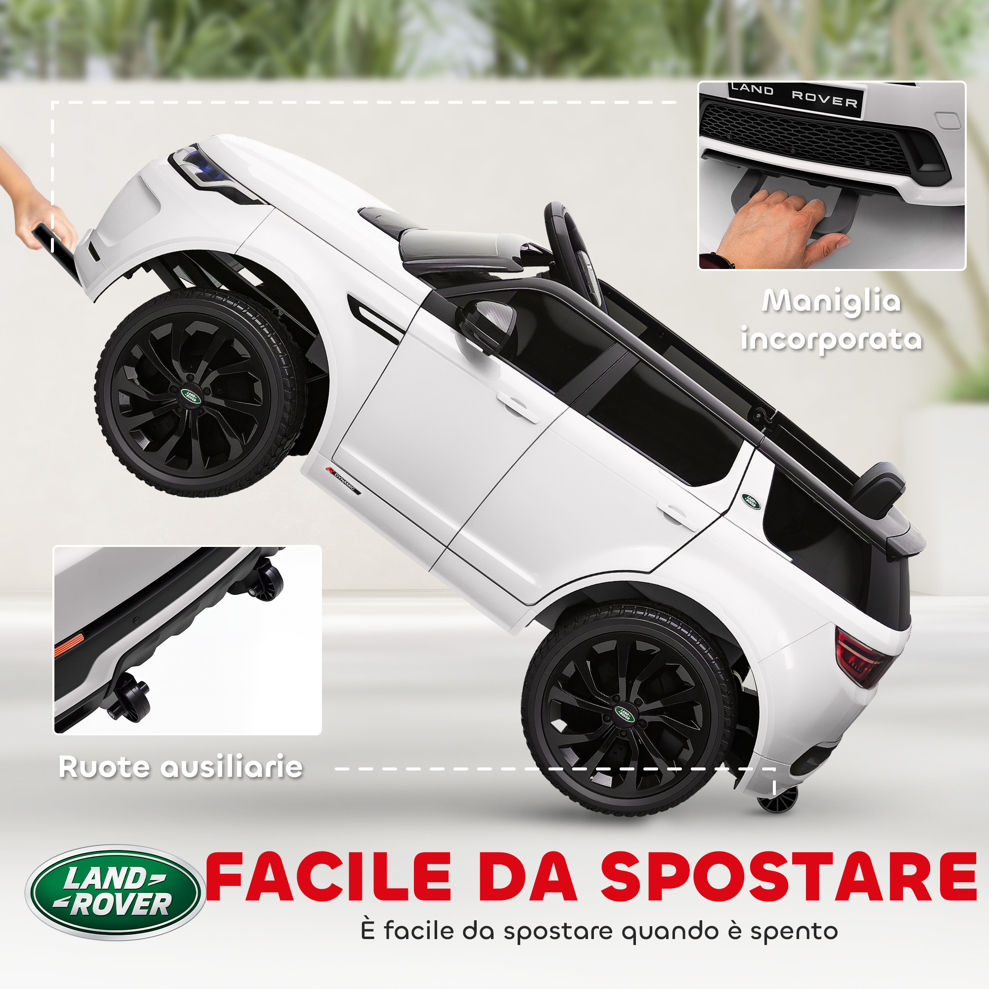 Un'auto giocattolo Land Rover bianca con ruote nere. Le caratteristiche includono una maniglia e ruote ausiliarie per il trasporto.