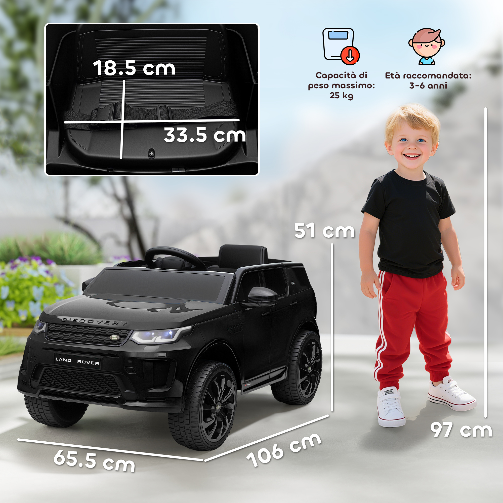 Un'auto giocattolo nera con dimensioni. Un bambino è accanto. Sono fornite le misure.