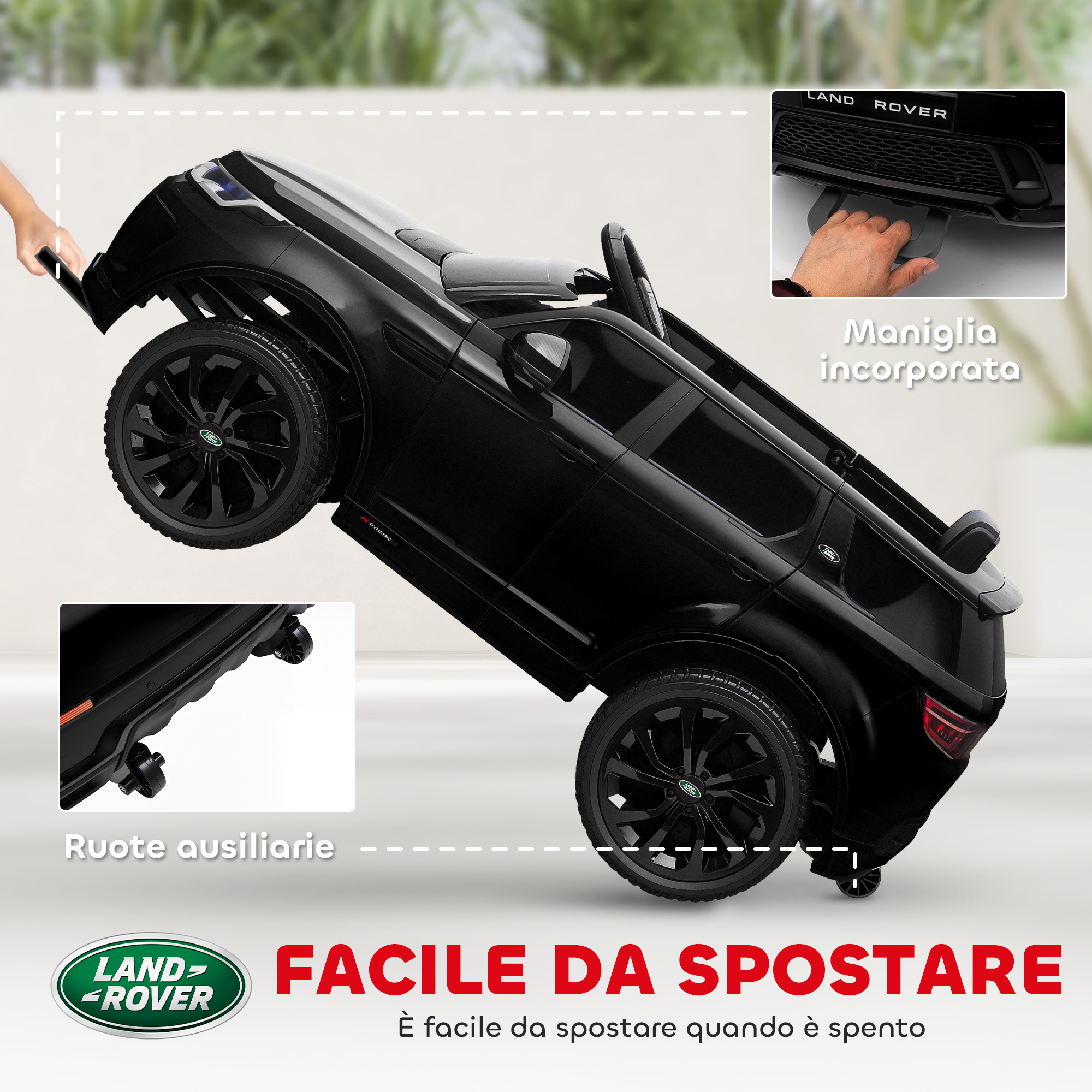 Un'auto giocattolo Land Rover nera viene tirata da una mano. Ha ruote ausiliarie e una maniglia. Il testo dice che è facile da spostare.