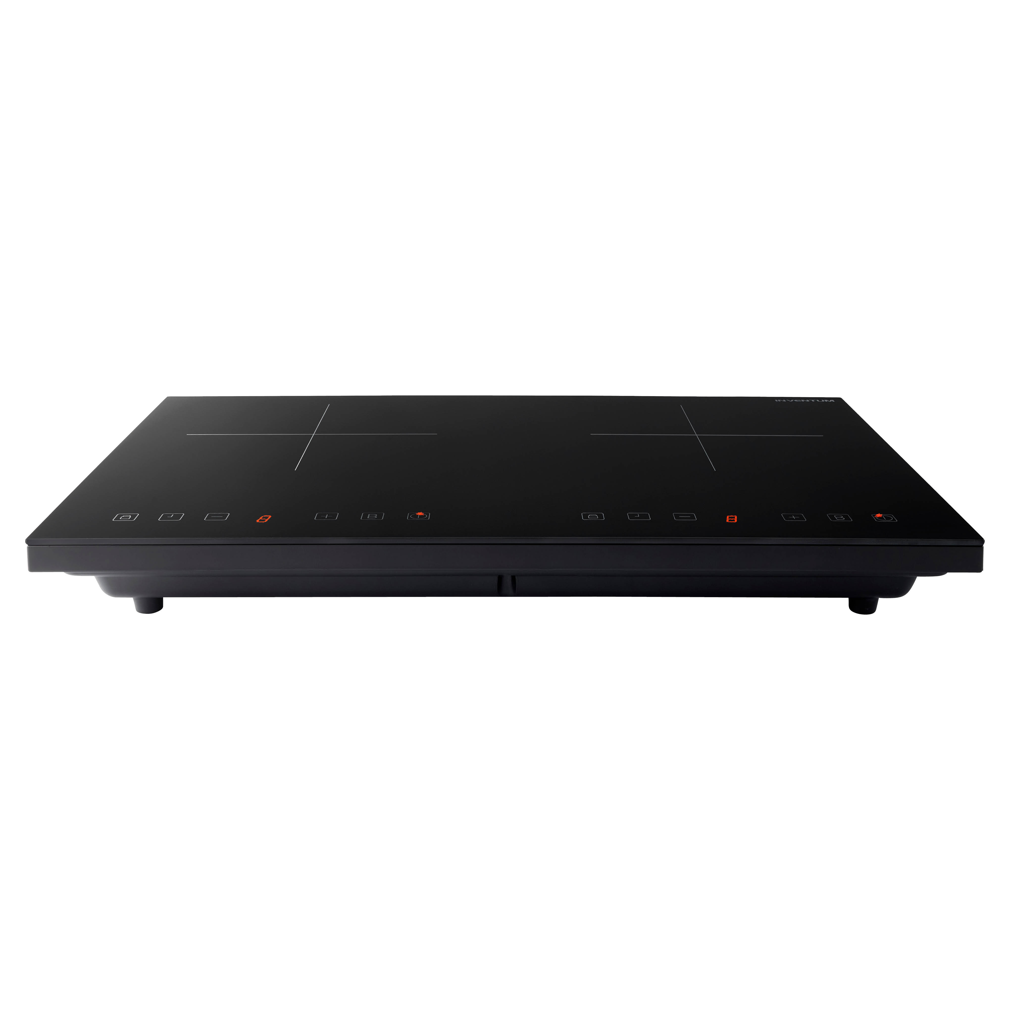 A black induction cooktop is centered on a white background. It has control buttons and a digital display.