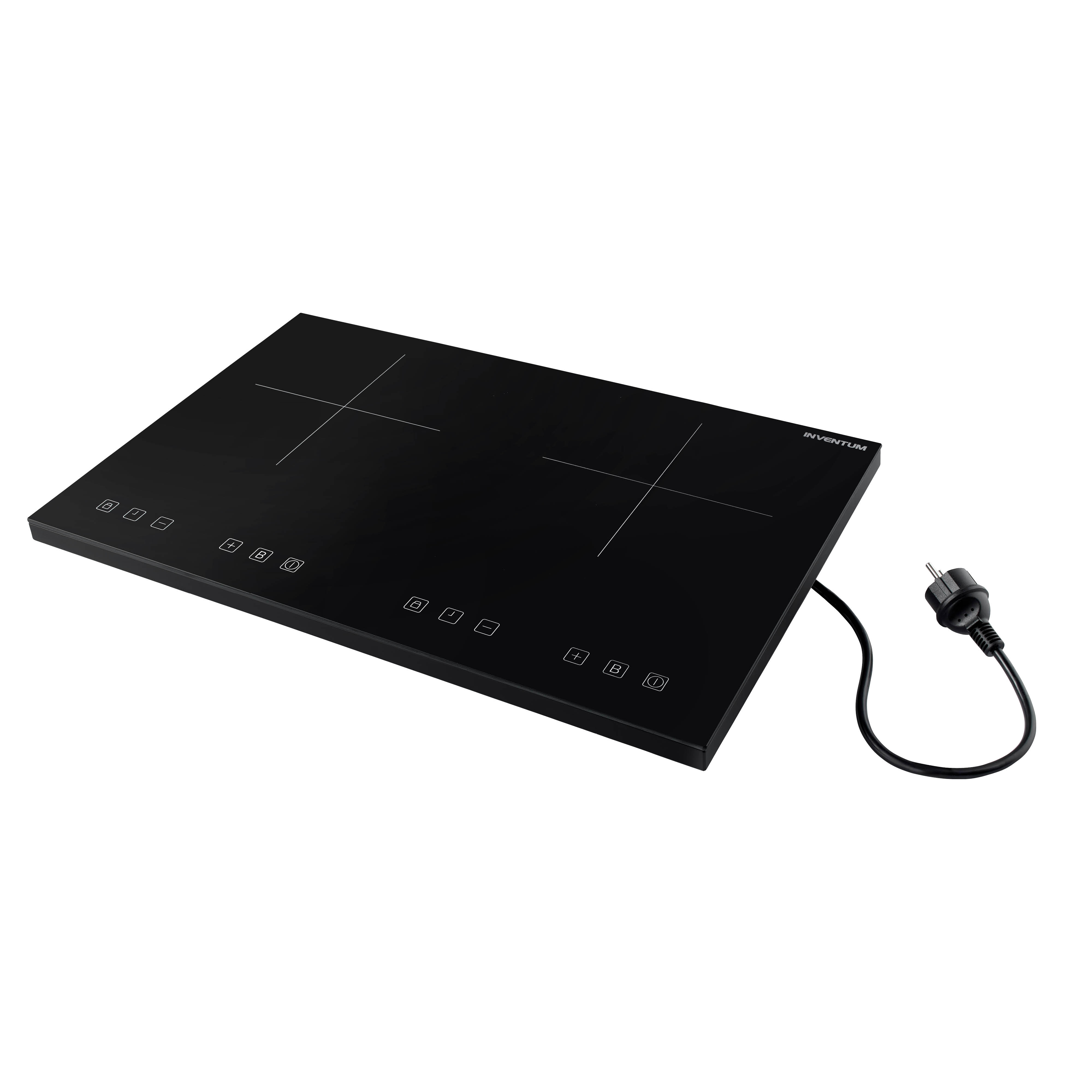 A black induction cooktop with two burners, control buttons and a power plug. The brand name is Inventum.