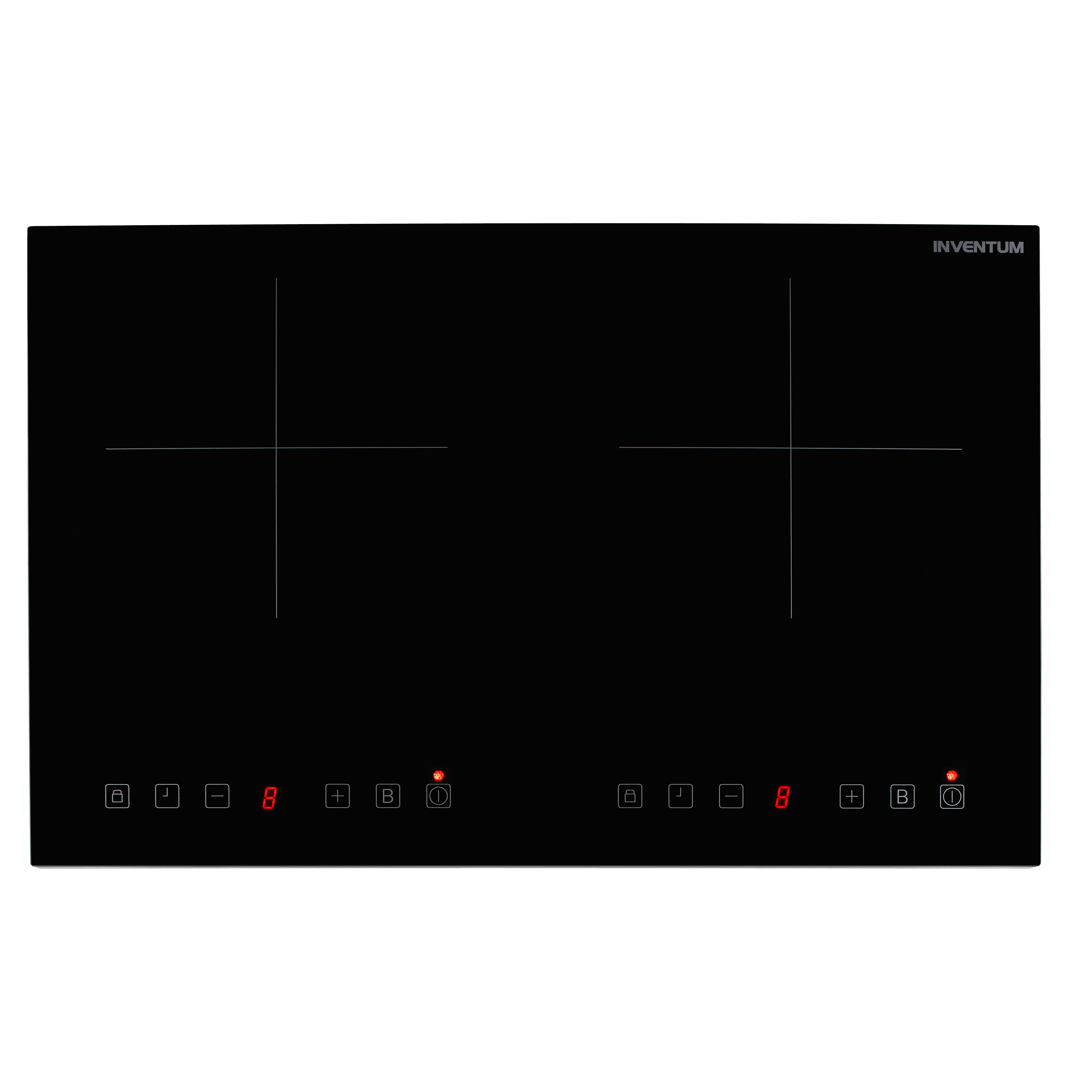 A black glass cooktop with two burners. Each burner has a crosshair symbol. Red digits show the power level.