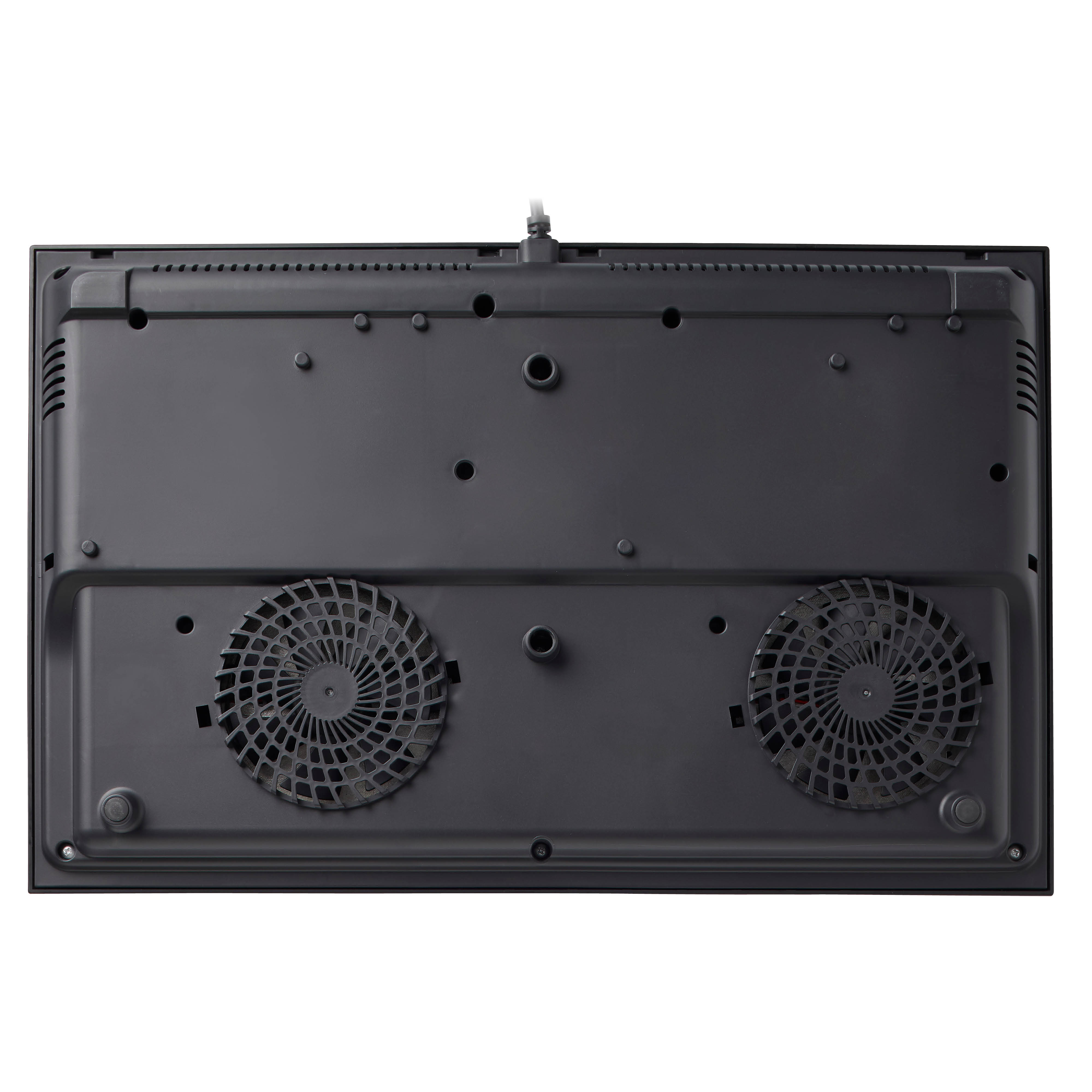 Underside of black induction cooktop with two fans, screws, and a power cord. White background.
