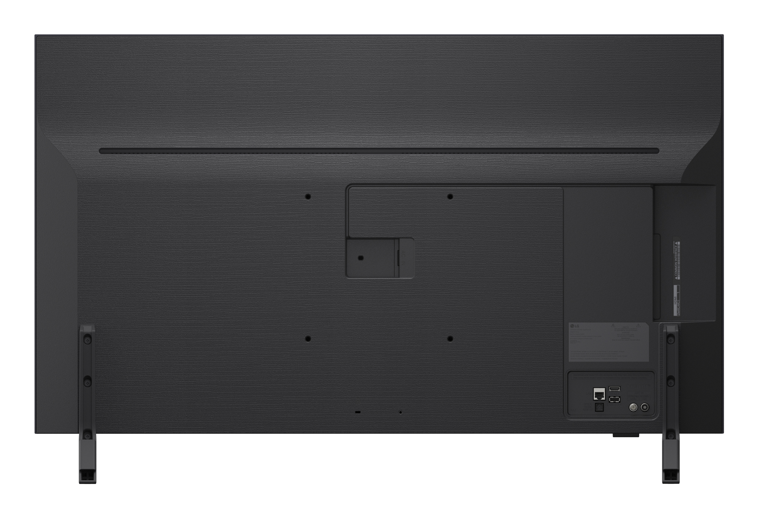 Widok z tyłu ciemnoszarego telewizora z portami, kablem zasilającym i dwoma czarnymi stojakami. Widoczne logo LG.