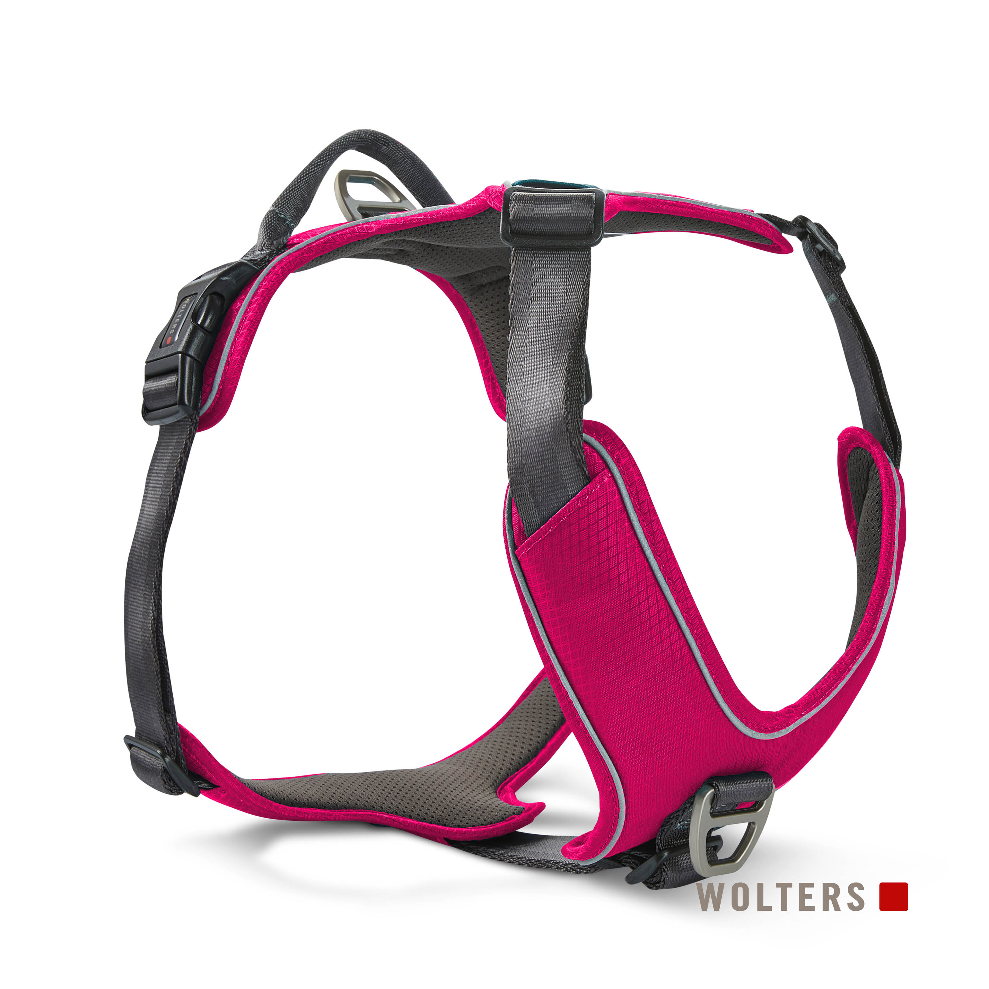 Ein rosa-graues Hundegeschirr mit schwarzen Riemen und silberner Hardware. Der Markenname "WOLTERS" steht unten.