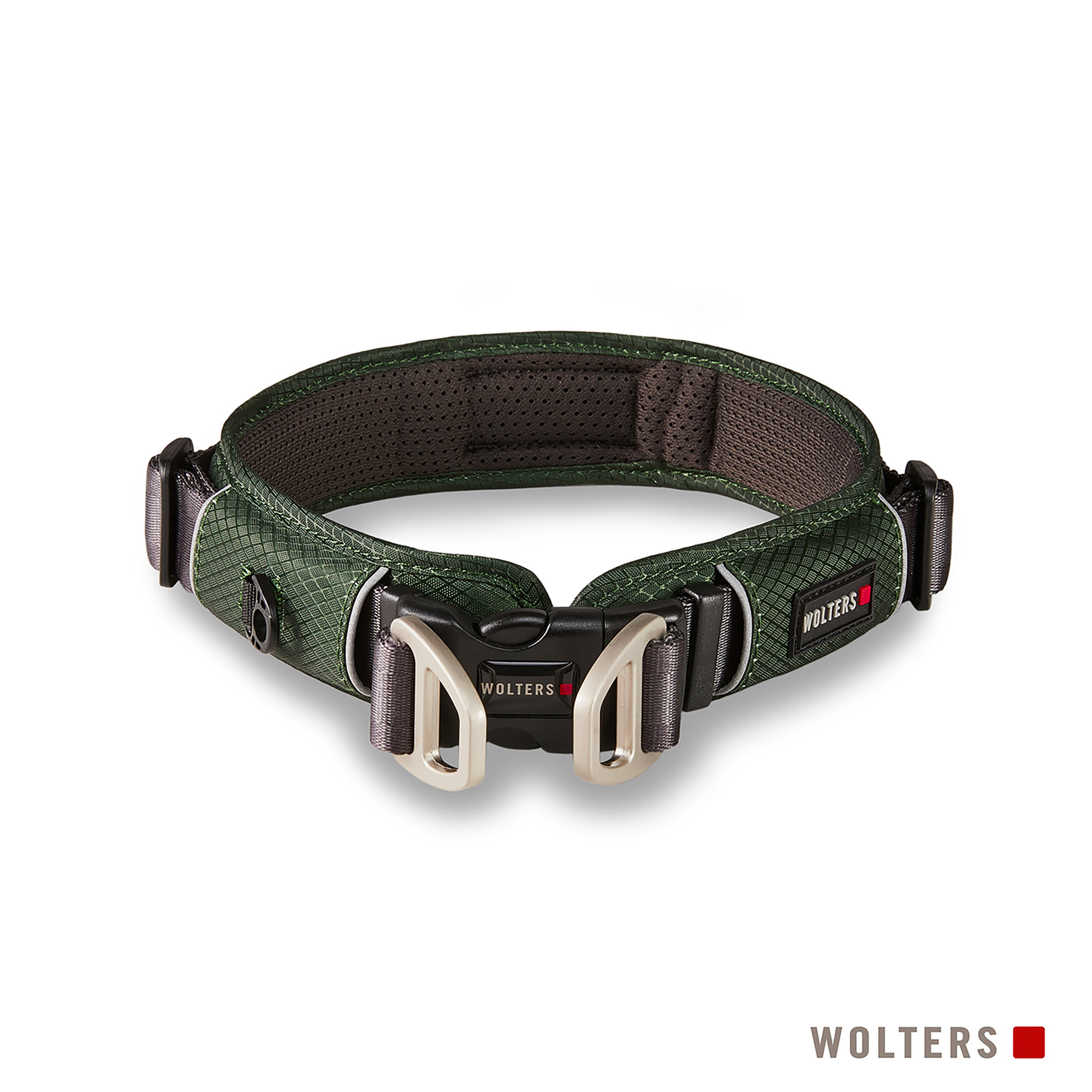 Grünes Hundehalsband mit schwarzen Schnallen und grauen Akzenten. Die Marke ist Wolters.