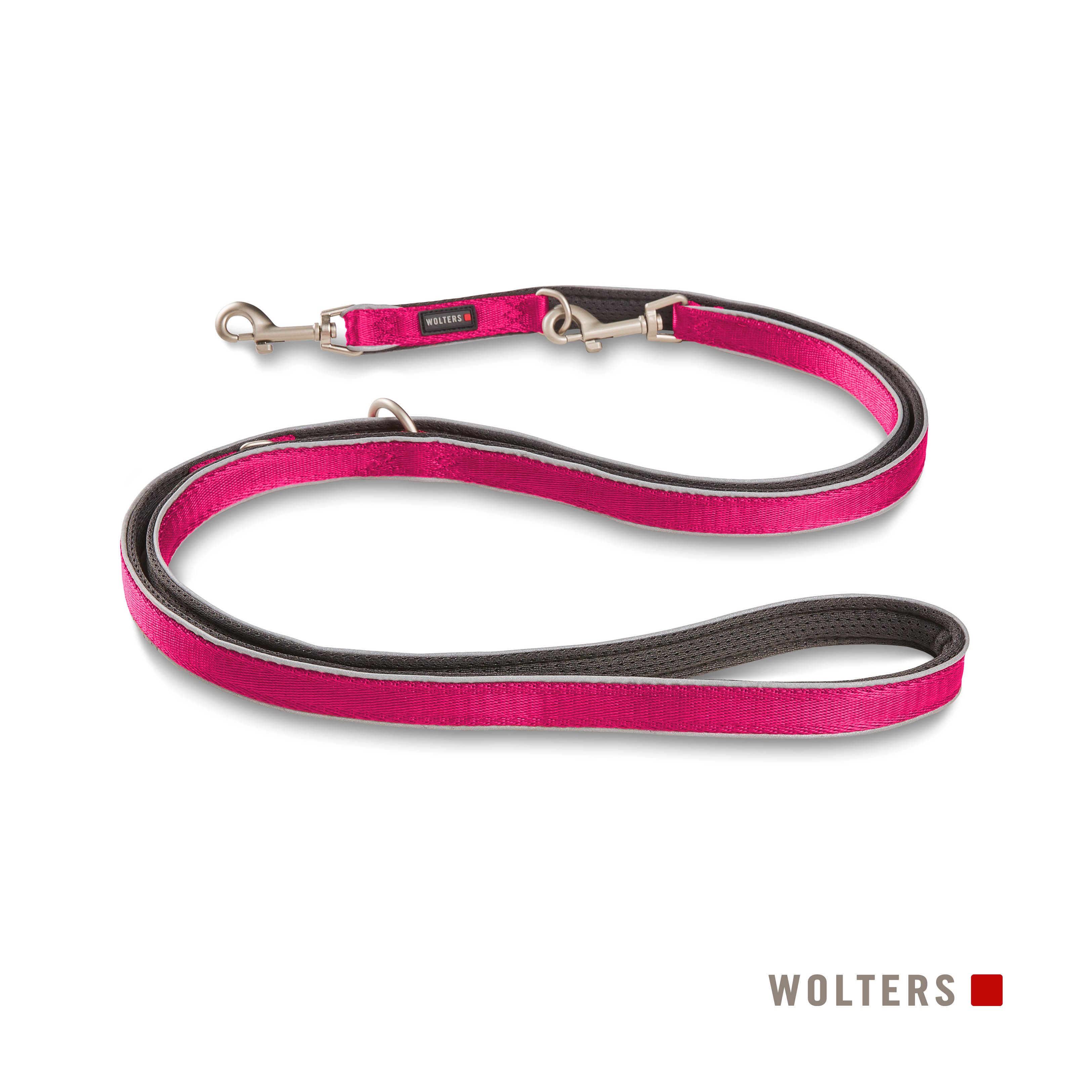 Eine pinkfarbene Hundeleine mit grauen Kanten und silbernen Verschlüssen. Markenname 'Wolters' unten. Weißer Hintergrund.
