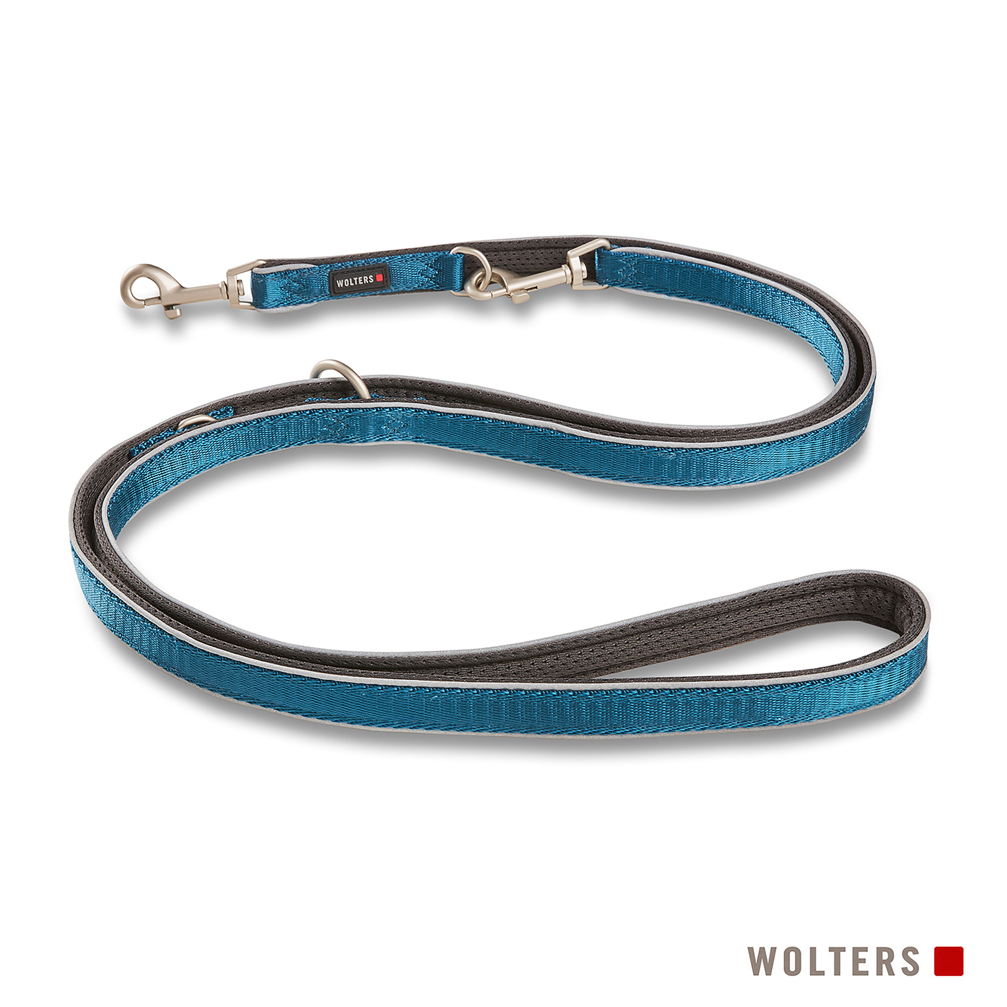 Eine teal- und graue Hundeleine liegt auf einer weißen Oberfläche. Die Leine hat silberne Metallverschlüsse und einen Griff.