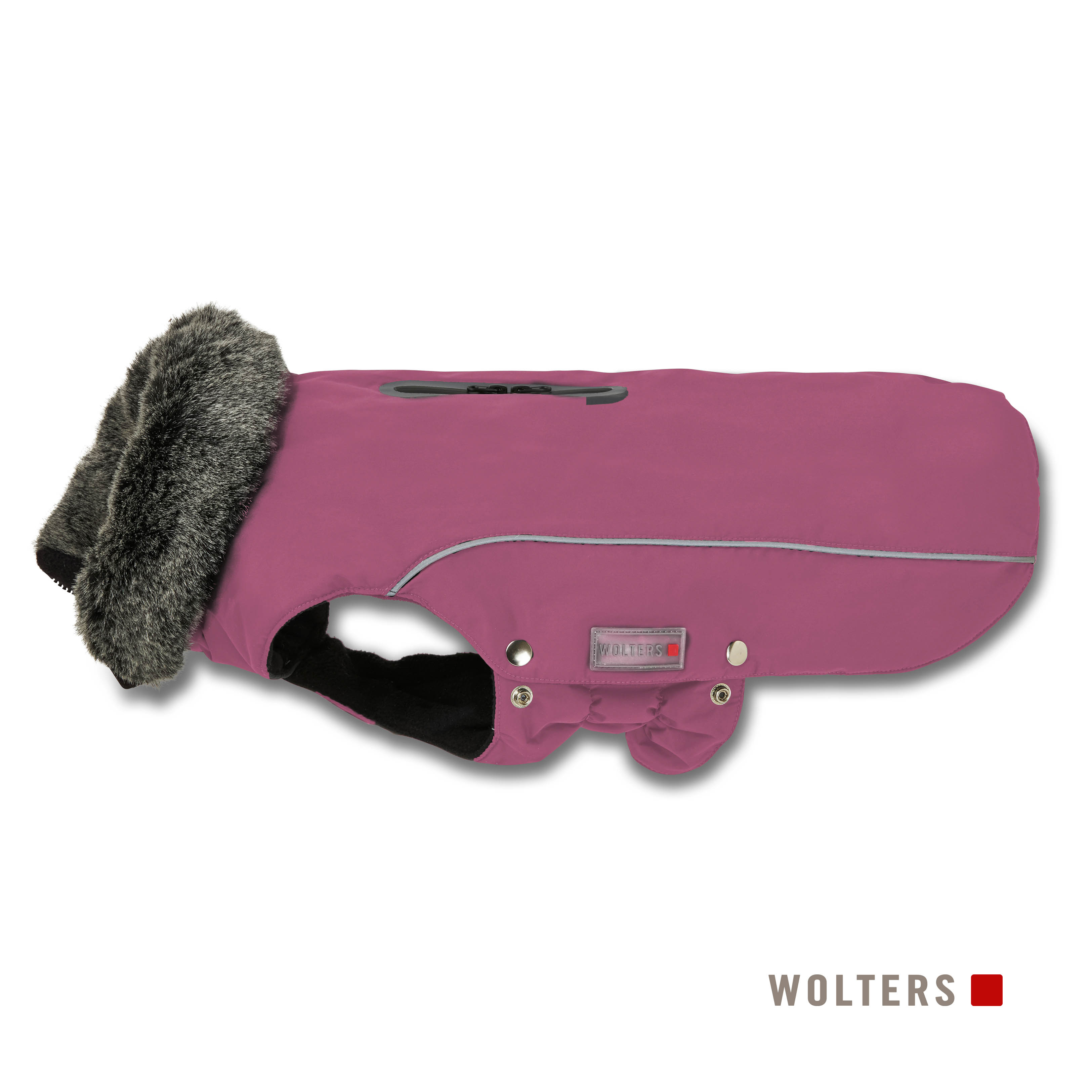 Eine rosa Hundejacke mit Pelzkragen liegt auf weißem Hintergrund. Die Jacke hat einen reflektierenden Streifen und das Wolters-Logo.