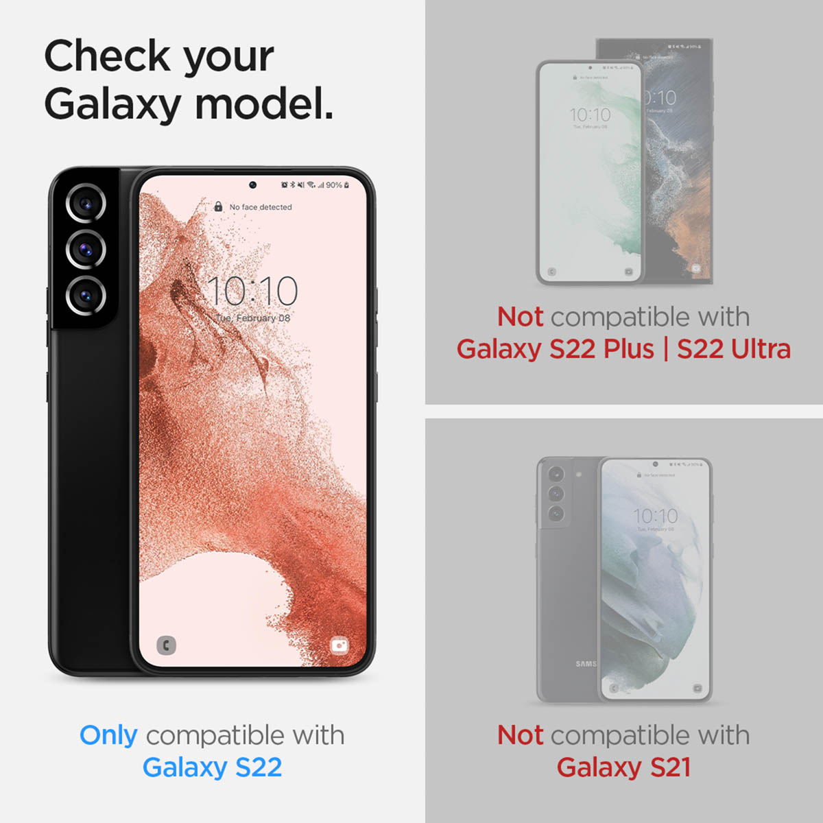 Obrazek przedstawia czarny telefon Samsung Galaxy S22. Tekst wskazuje na kompatybilność tylko z S22, a nie z S21, S22+ lub S22 Ultra.