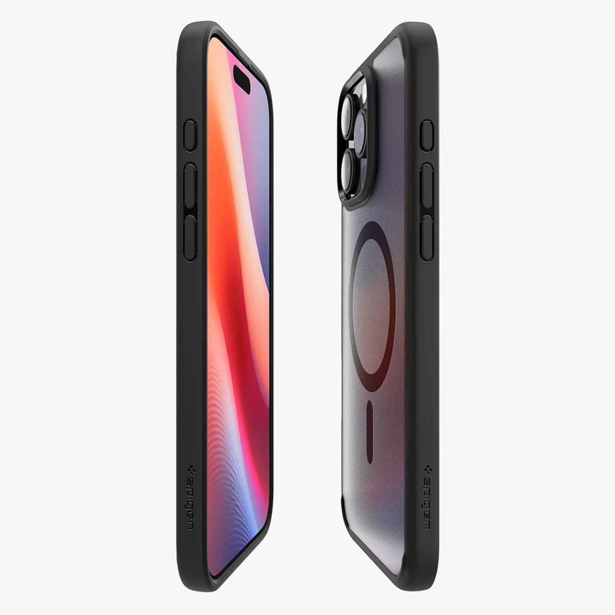 Dwa smartfony w czarnych etui pokazane z boku. Jeden wyświetla kolorowy ekran. Oba mają logo Spigen.