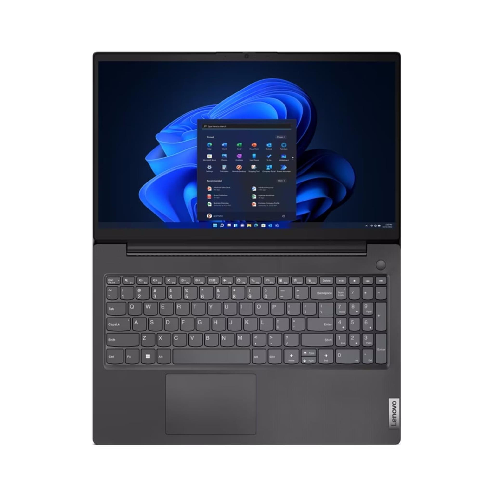 Ein Lenovo-Laptop ist geöffnet. Der Bildschirm zeigt eine Windows 11-Oberfläche mit App-Symbolen. Tastatur und Touchpad sind sichtbar.