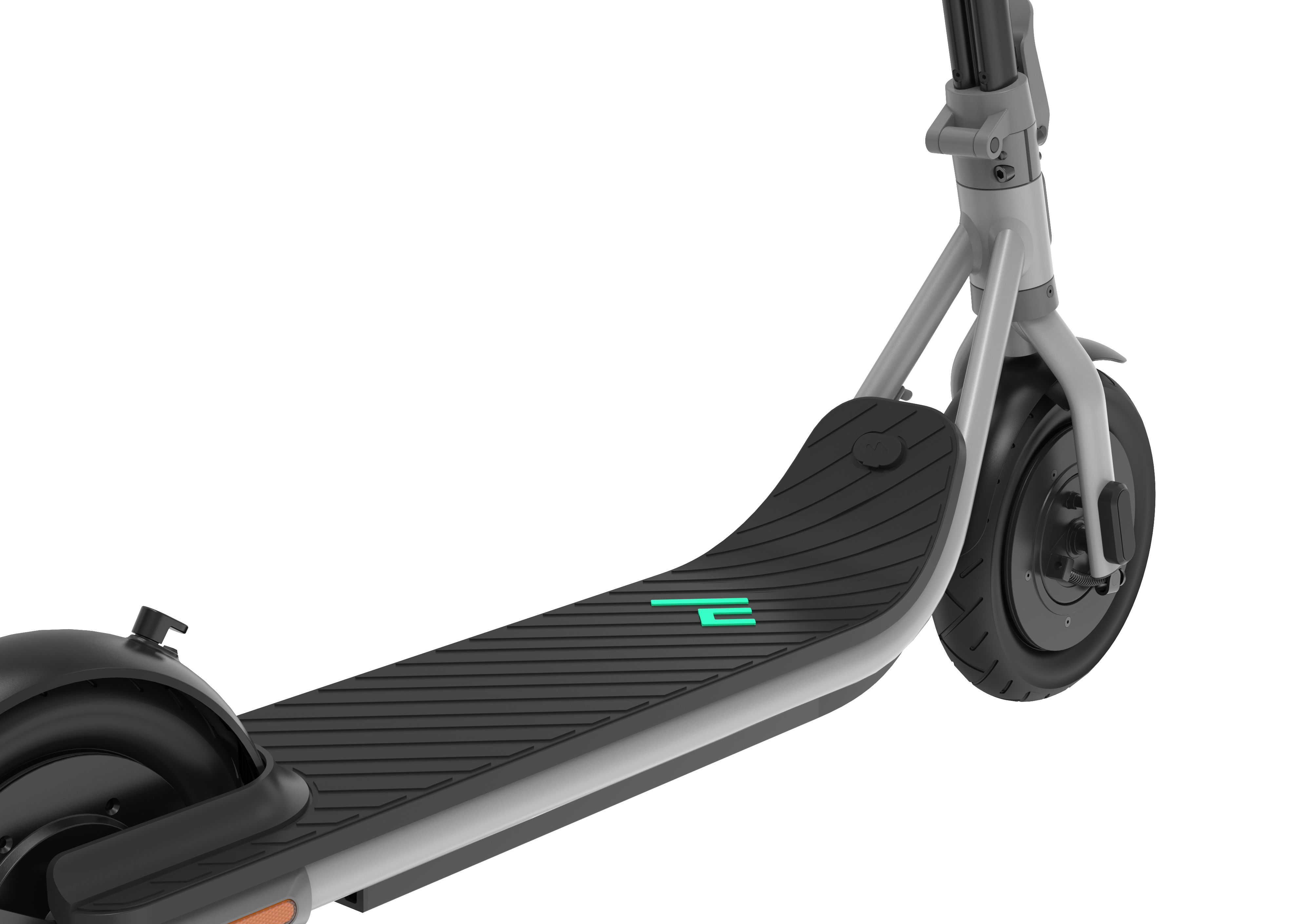 Gezeigt wird ein grauer und schwarzer Elektroroller. Der Roller hat ein schwarzes Trittbrett, Räder und einen hellgrauen Rahmen.