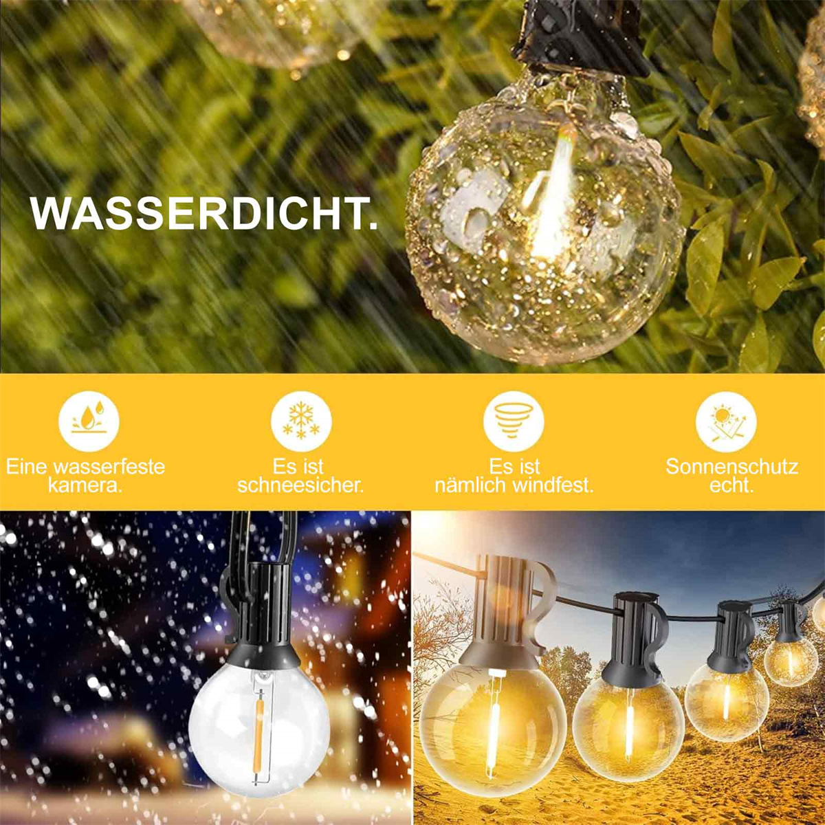 Das Bild zeigt wasserdichte Lichter mit dem Text 'WASSERDICHT'. Merkmale sind wasserdichte Kamera, schneesicher, winddicht und Sonnenschutz.