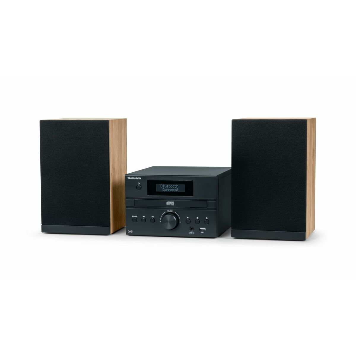 Ein schwarzes Stereoanlage mit zwei Lautsprechern. In der Mitte befindet sich ein Display mit der Aufschrift 'Bluetooth Connect'. Die Lautsprecher haben Holzseiten und schwarze Stofffronten.